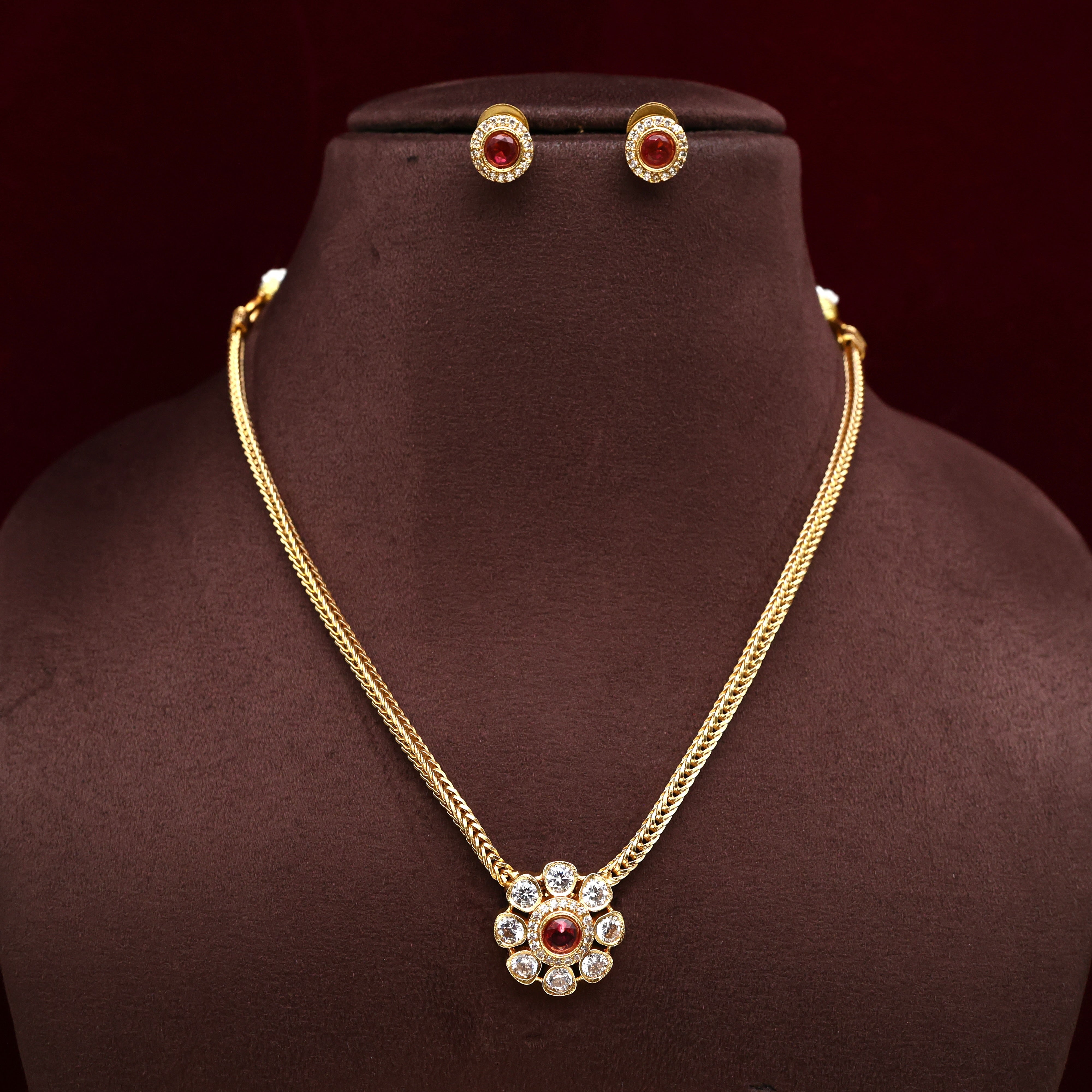 Cute Kids Friendly Small AD Flower Necklace Set - Ruby