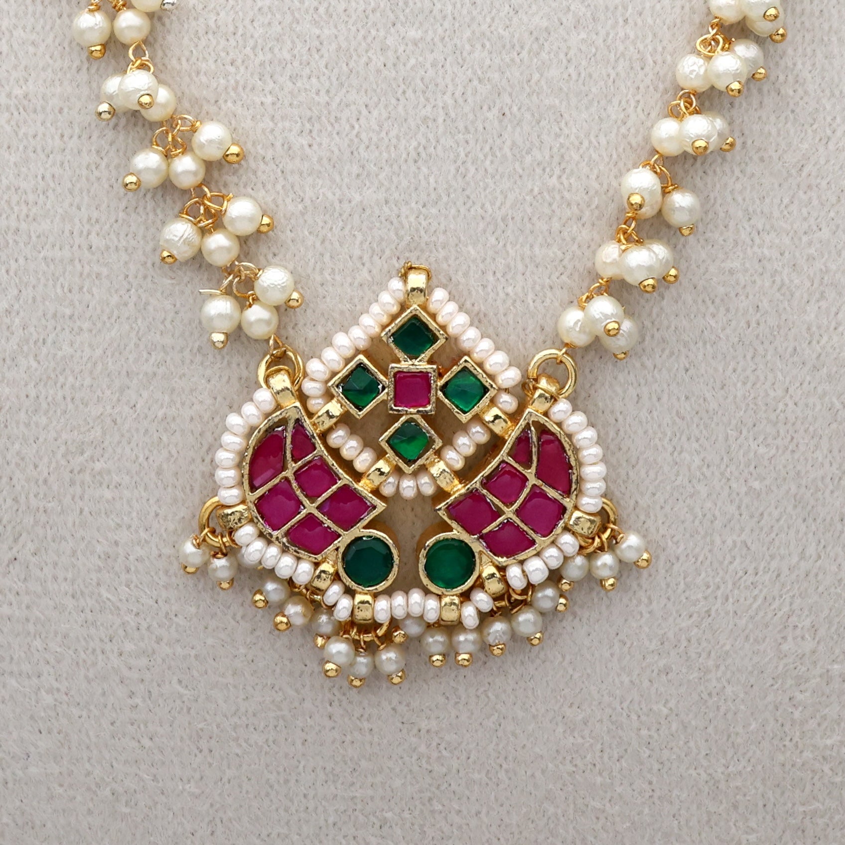 Gold Tone Pachi Kundan Double Sword Chakra Pearl Necklace