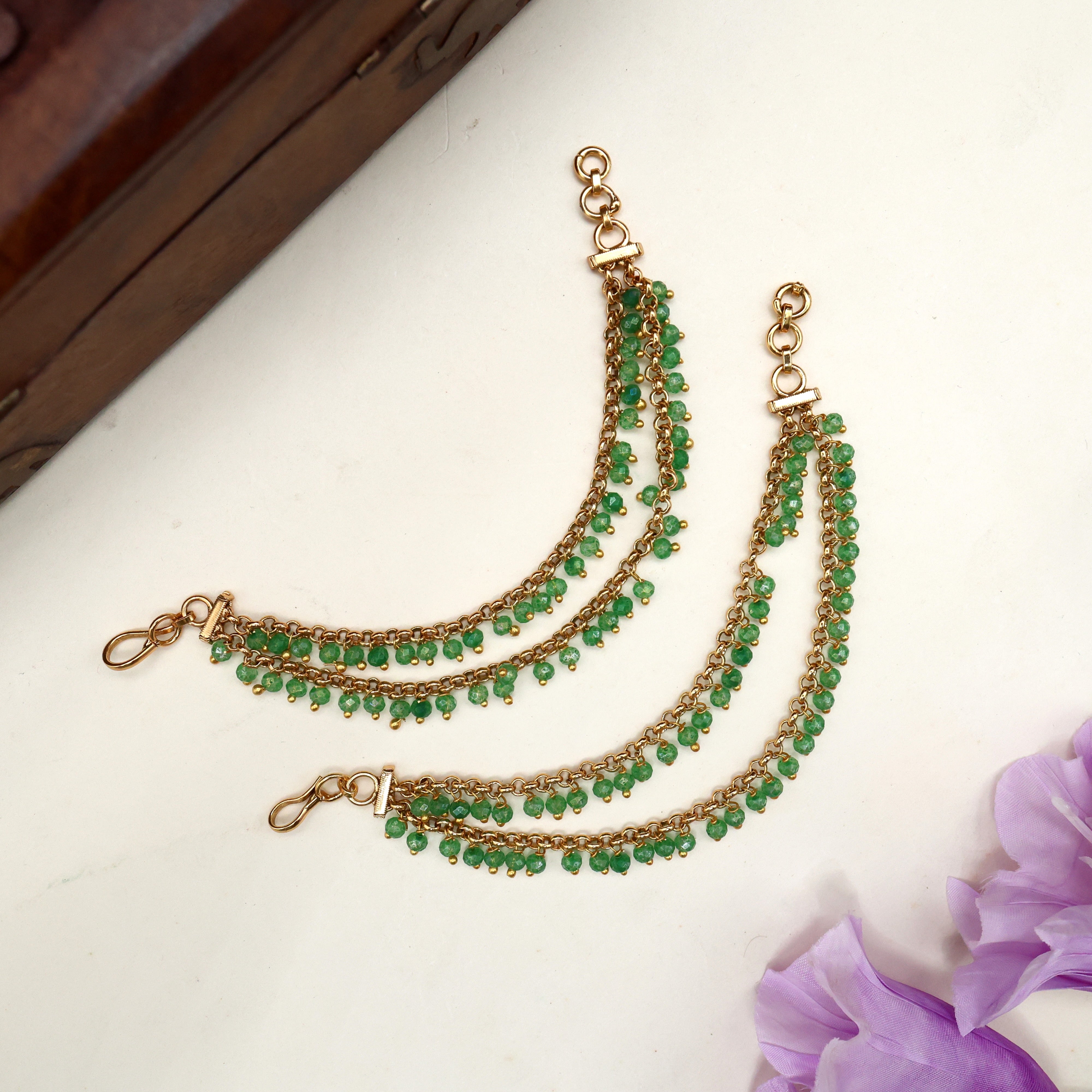 Antique 2 Layer Crystal Beads Bridal Ear Chain/Maatal - Mint Green