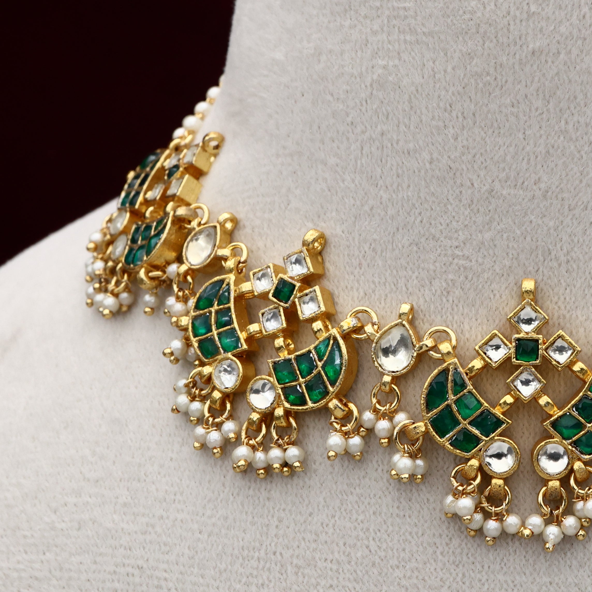 Gold Tone Pachi Kundan Double Sword Bridal Necklace - Green & White