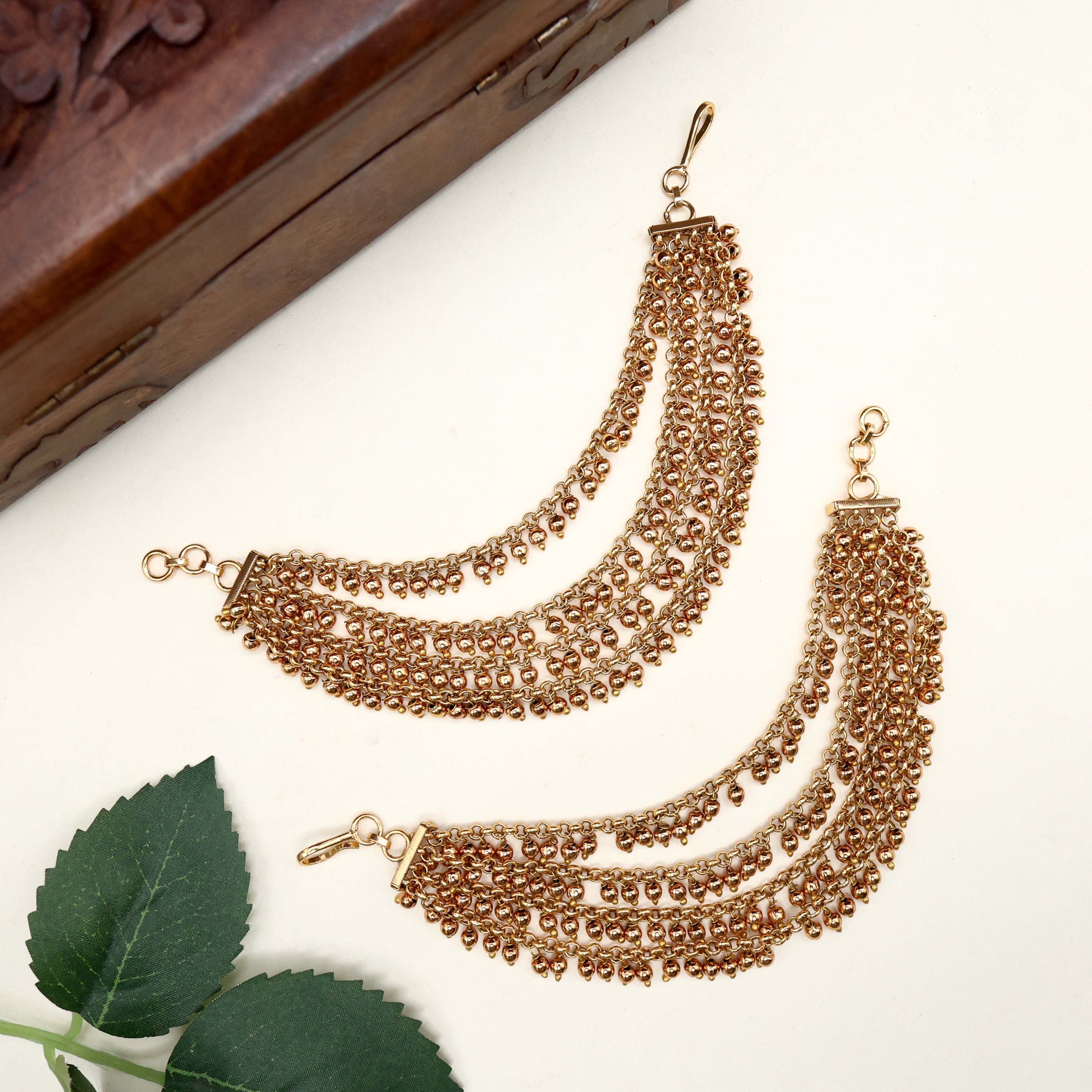 Antique Gold 4 Line Gold Balls Hanging Bridal Ear Chain/Maatal