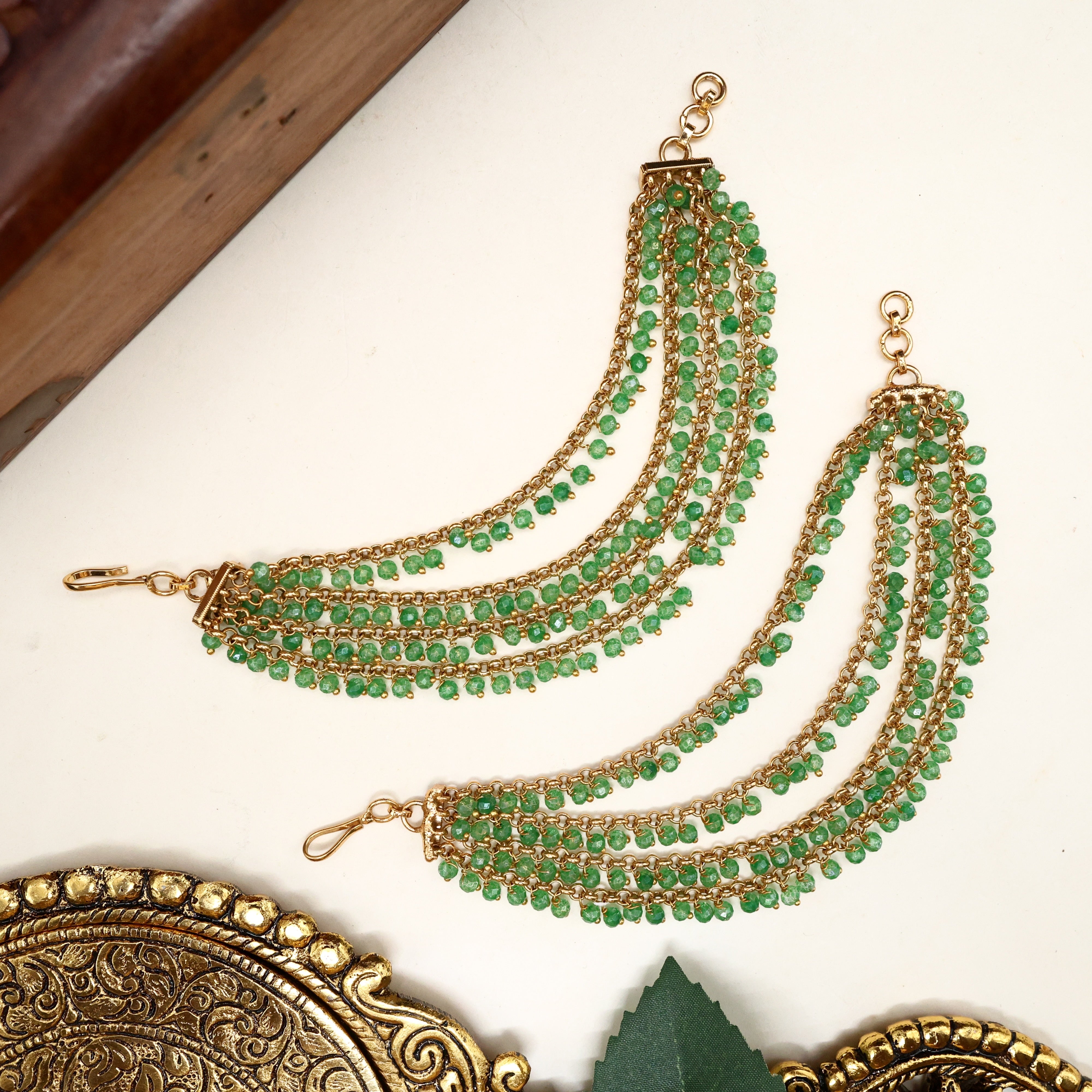 Antique Gold 4 Line Crystal Beads Bridal Ear Chain/Maatal - Mint Green