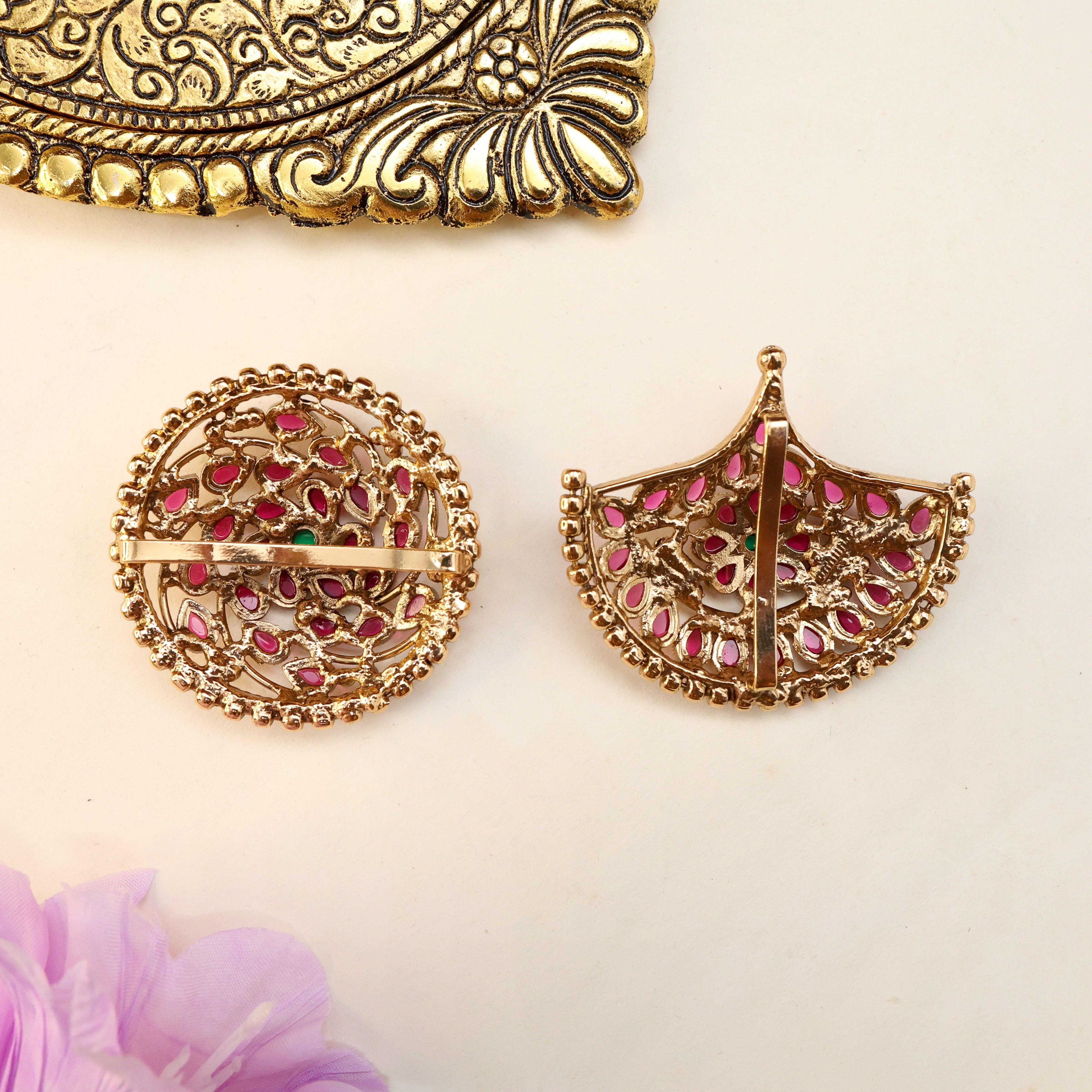 Antique Kemp Spiral Flower Bridal Sun Moon Hair Accessory - Bridal Suryan Chandran Jadai Billais