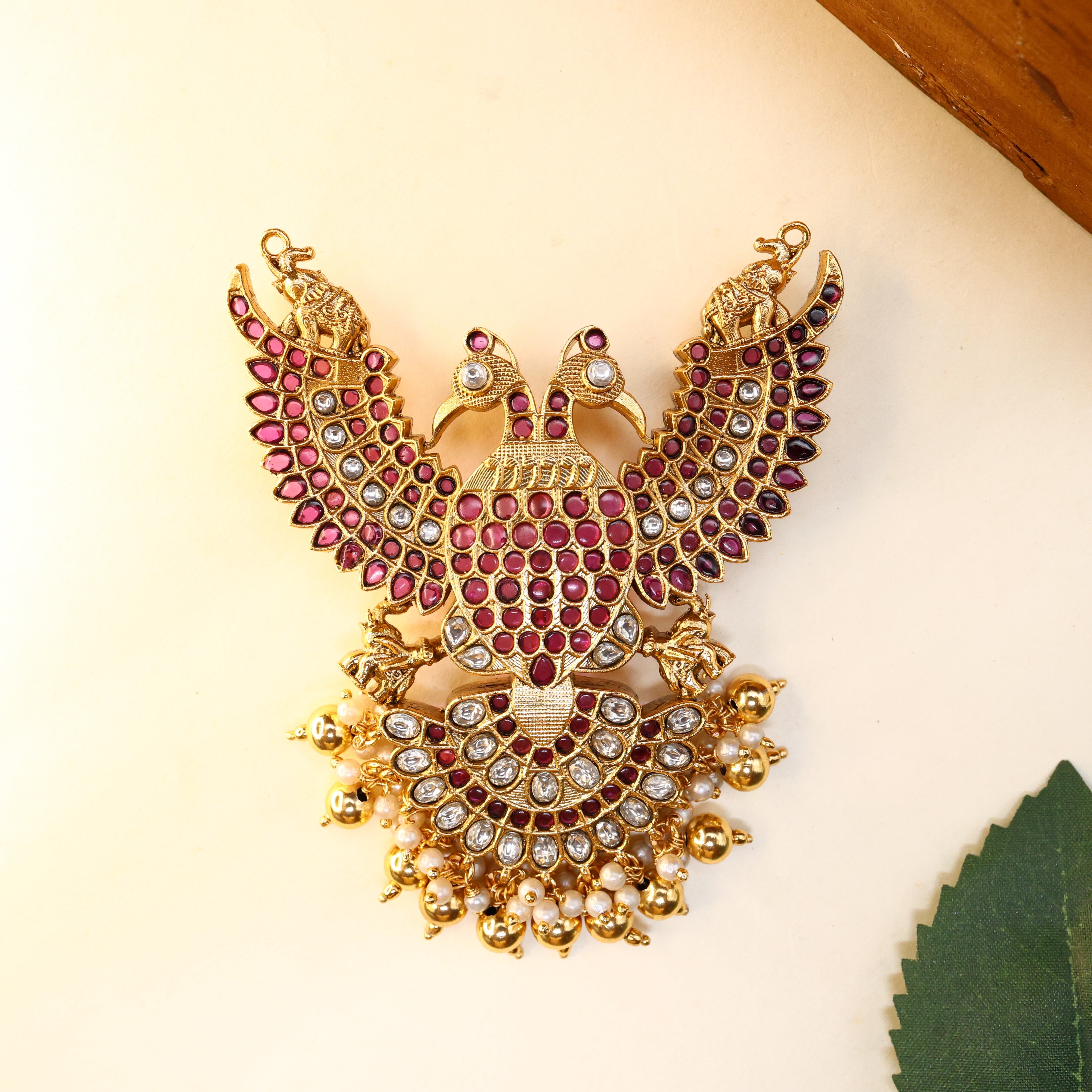 Premium Kundan Kemp Gandaberunda Detachable Pendant - Ruby & White