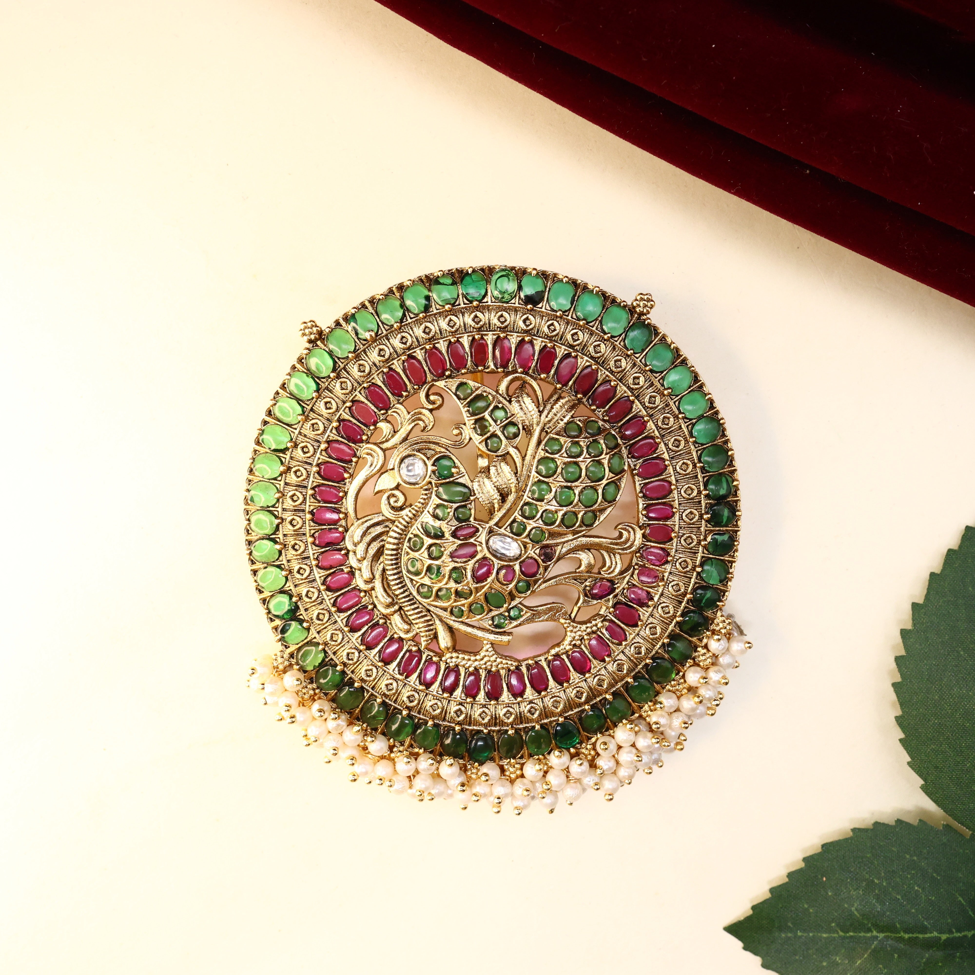 Premium Kundan Kemp Mayil Chakram Detachable Big Pendant - Green with Ruby