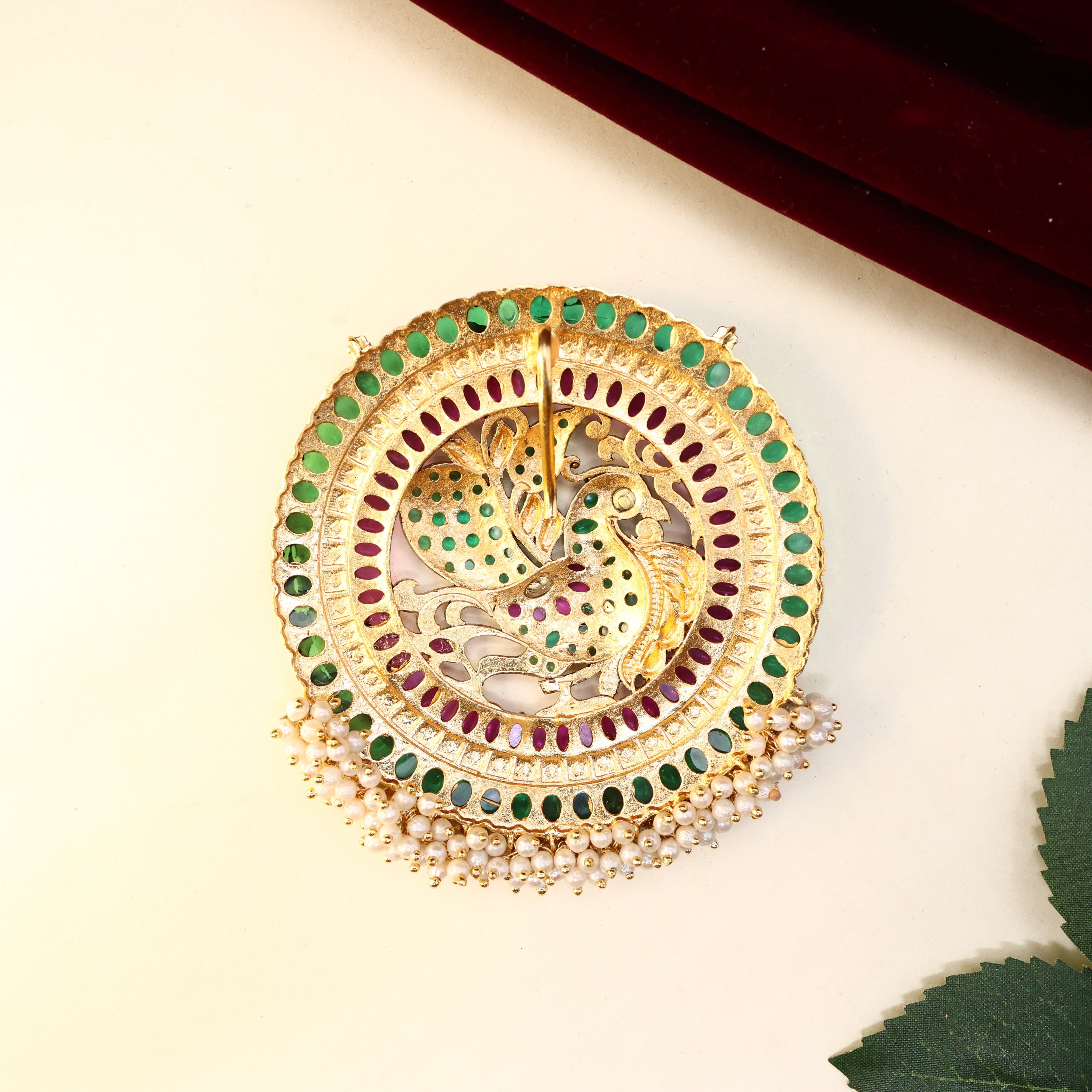 Premium Kundan Kemp Mayil Chakram Detachable Big Pendant - Green with Ruby