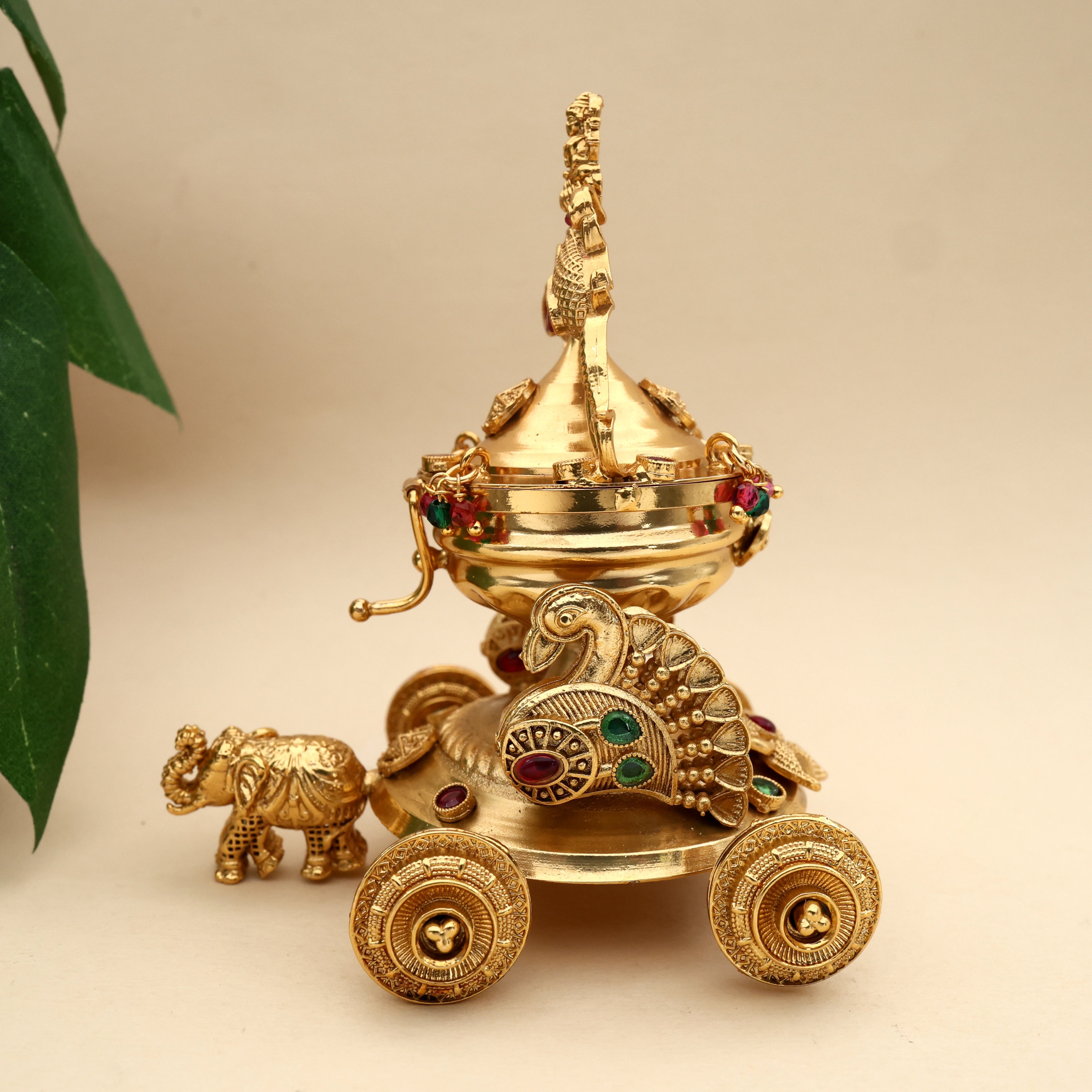 Antique Gold Nagas Rettapakshi Lakshmi Temple Elephant Chariot Kumkum Box - Sindoor Dabbi