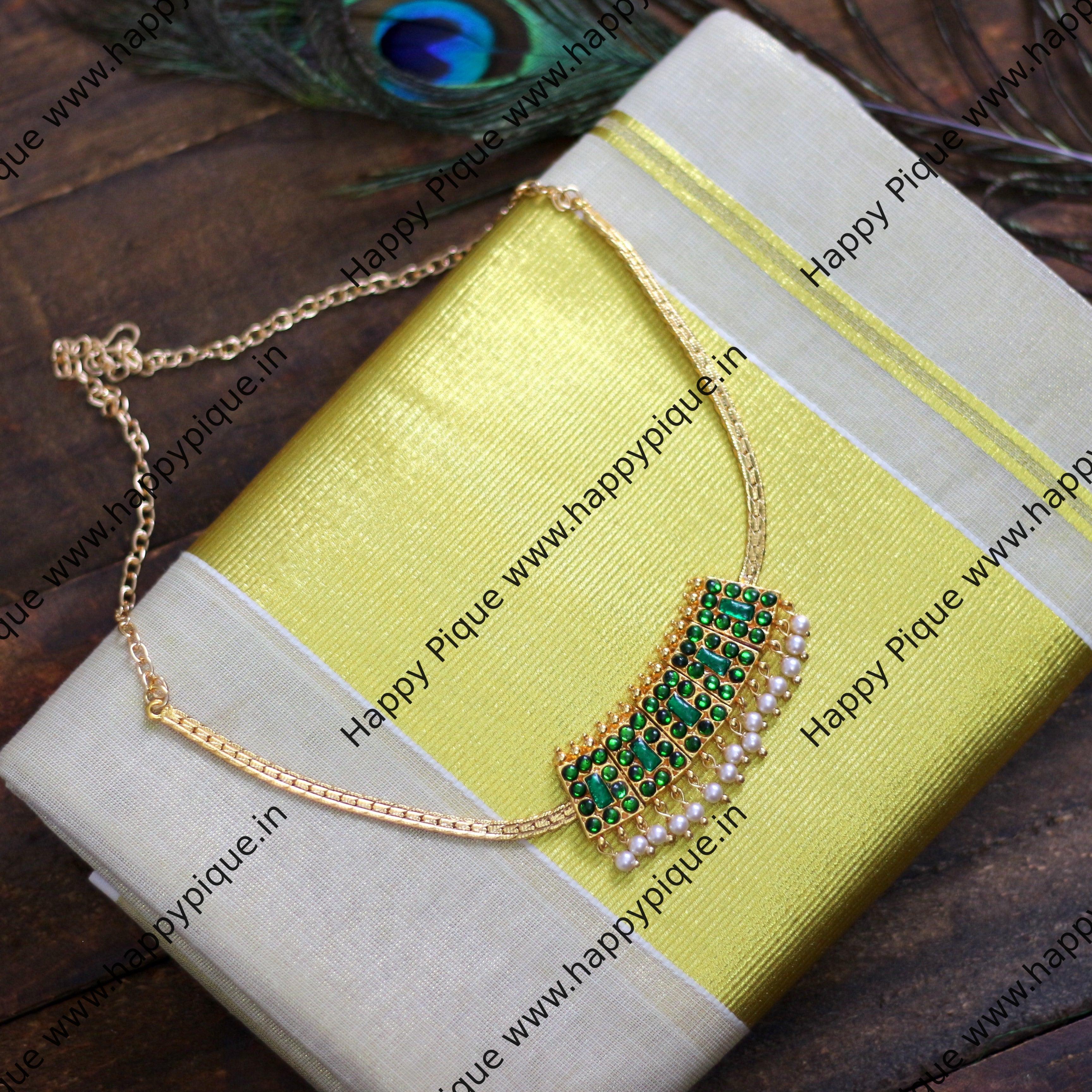 Traditional 5 Bit Temple Kemp Light Weight Attigai Necklace - Full Green