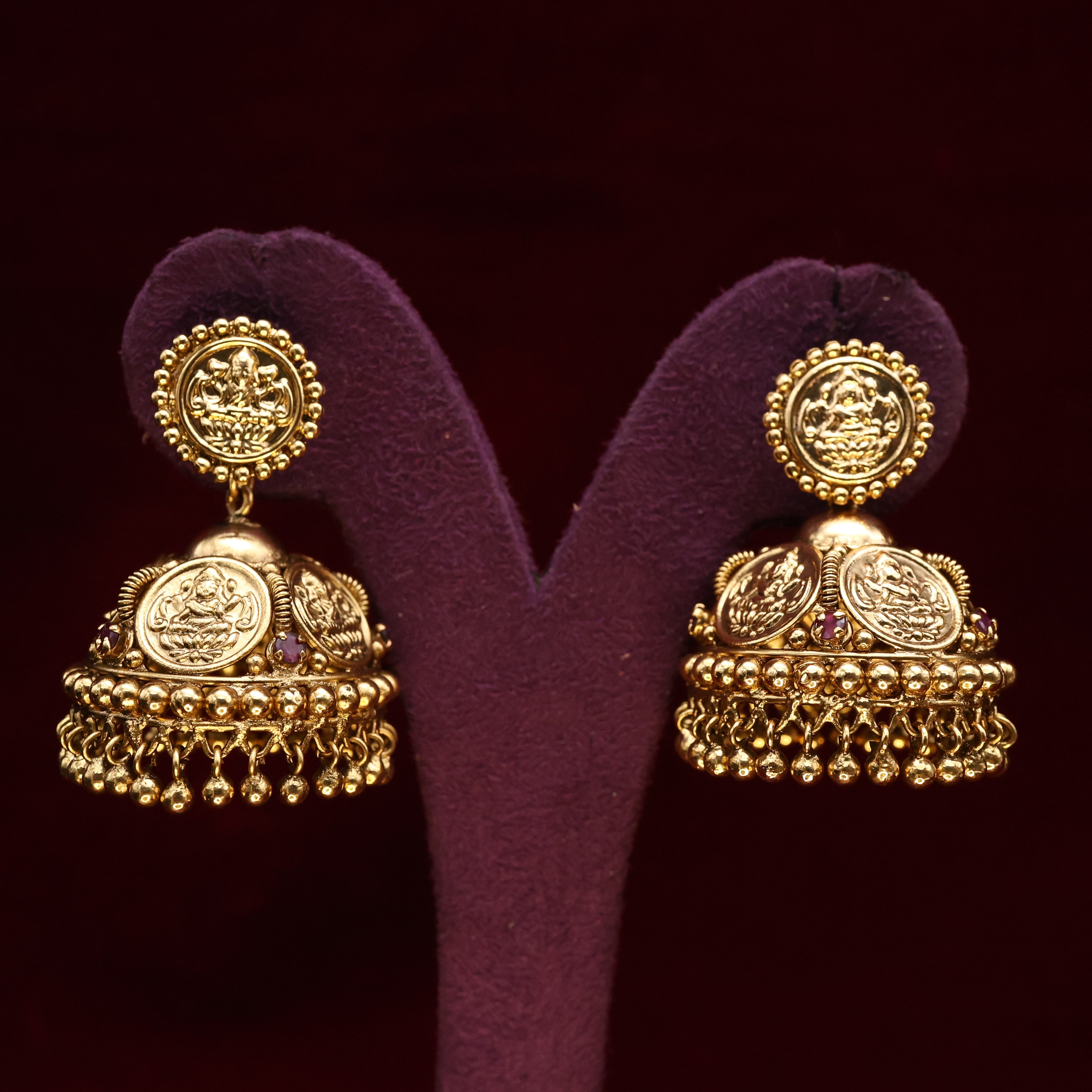 Exclusive Antique Gold Traditional Lakshmi Coin Big Bridal Jhumkas