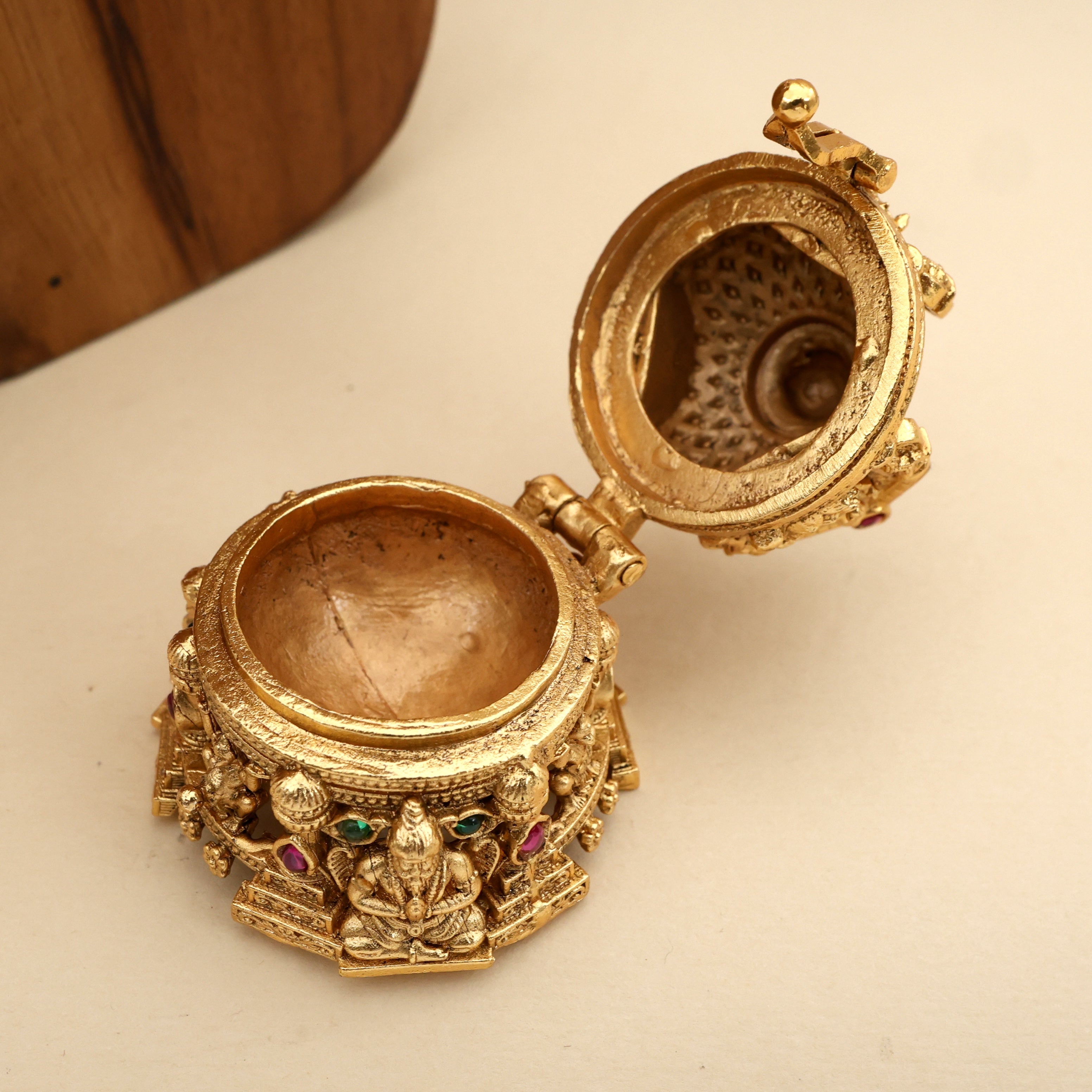 Antique Nagas Ganesha Lakshmi Saraswati Temple Gopuram Small Sized Kumkum Box - Sindoor Dabbi