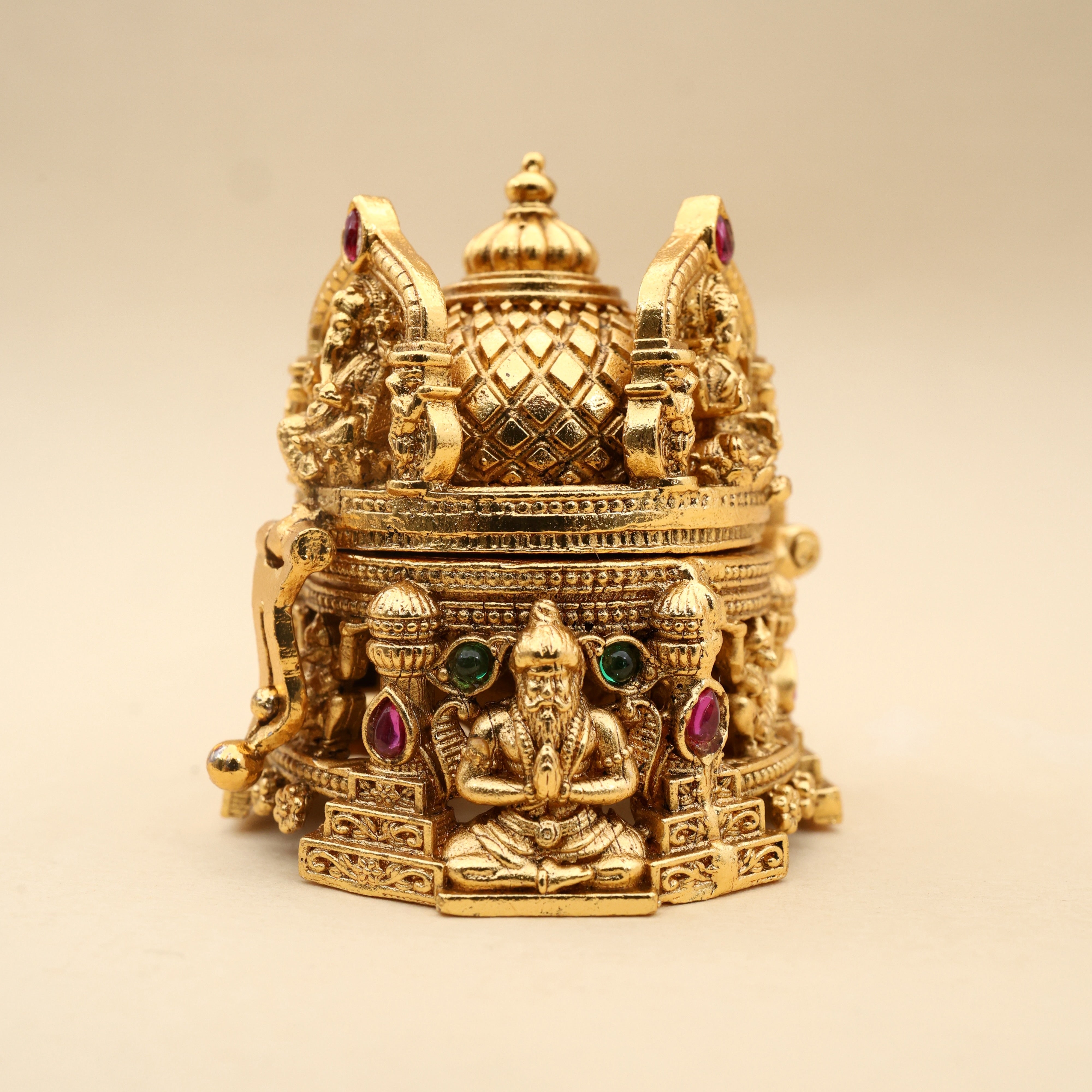 Antique Nagas Ganesha Lakshmi Saraswati Temple Gopuram Small Sized Kumkum Box - Sindoor Dabbi