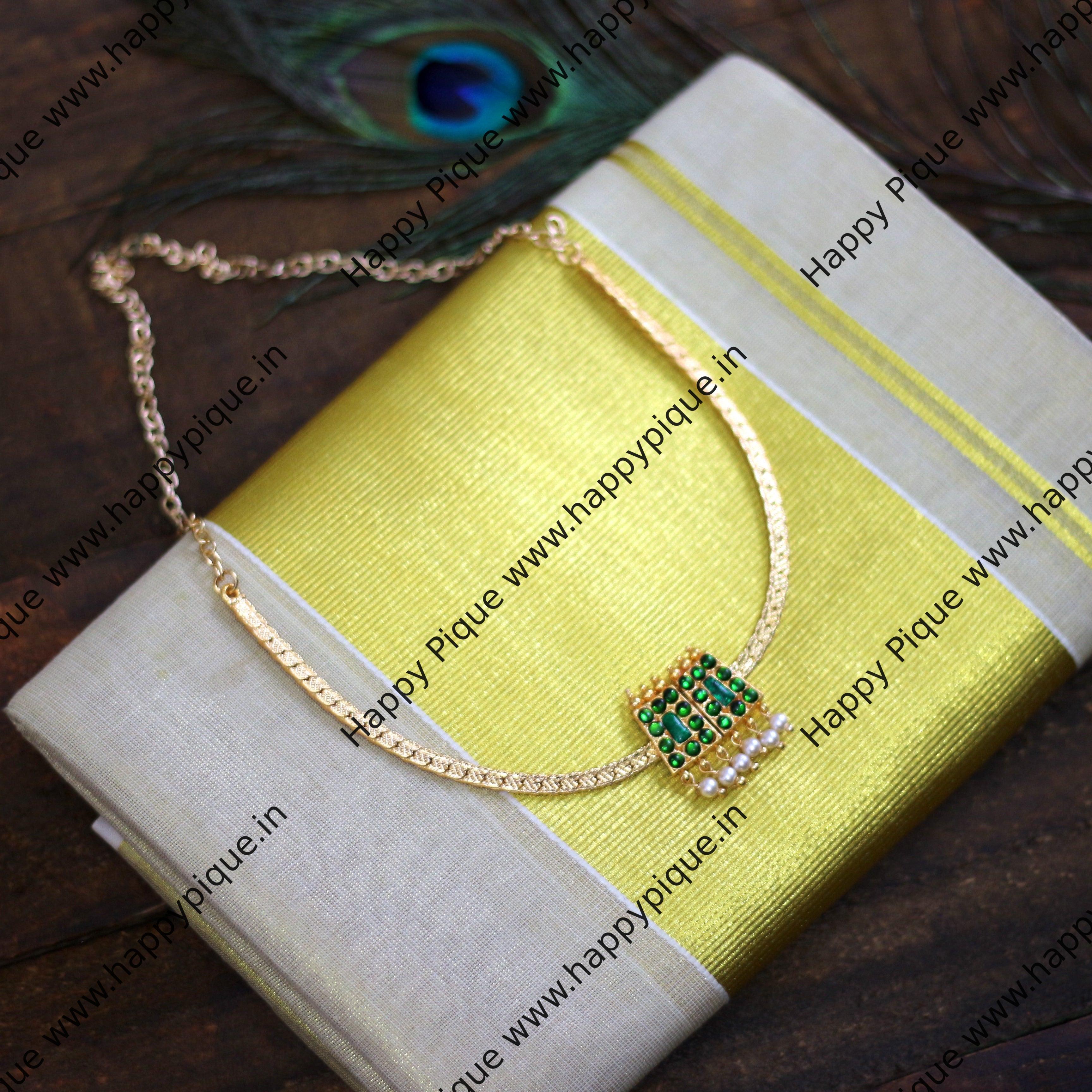 Traditional 2 Bit Temple Kemp Light Weight Attigai Necklace - Full Green