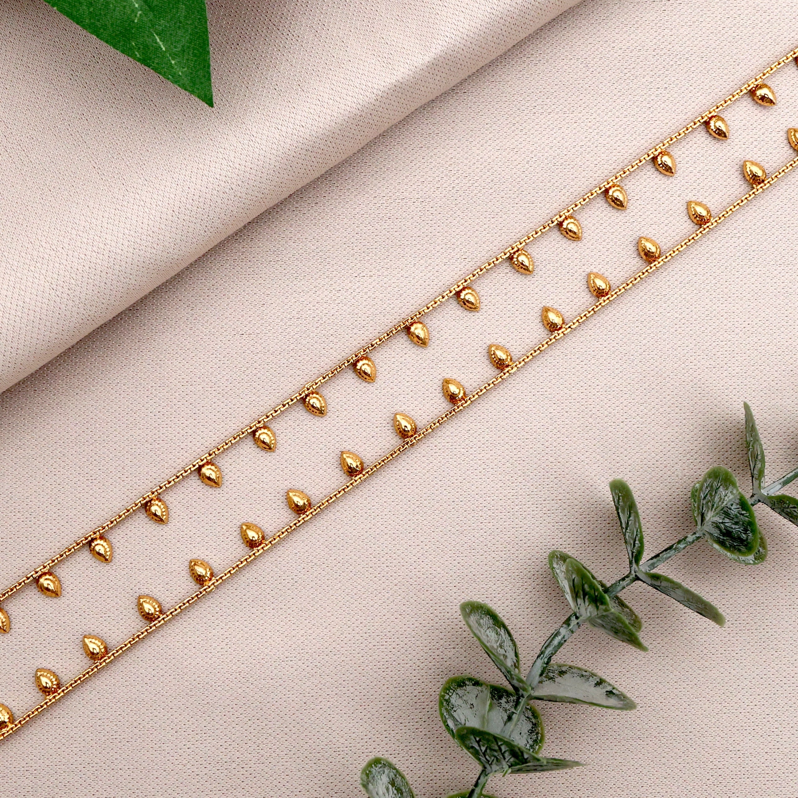 Antique Real Gold Look Flower Bud Drops Anklets For Women - 10.5 Inches