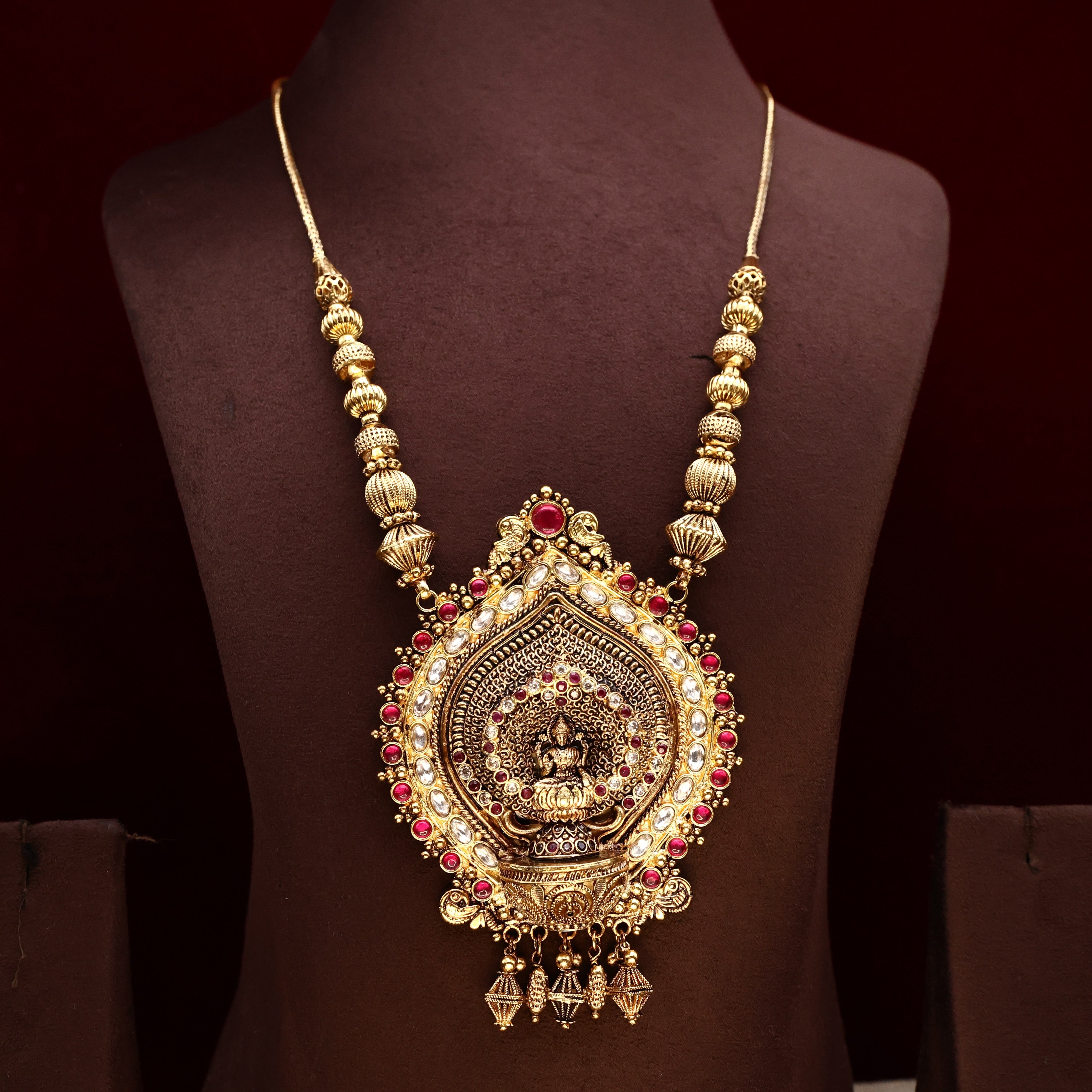 Exclusive Antique Gold Premium AD Kemp Lakshmi Devi Pendant Necklace