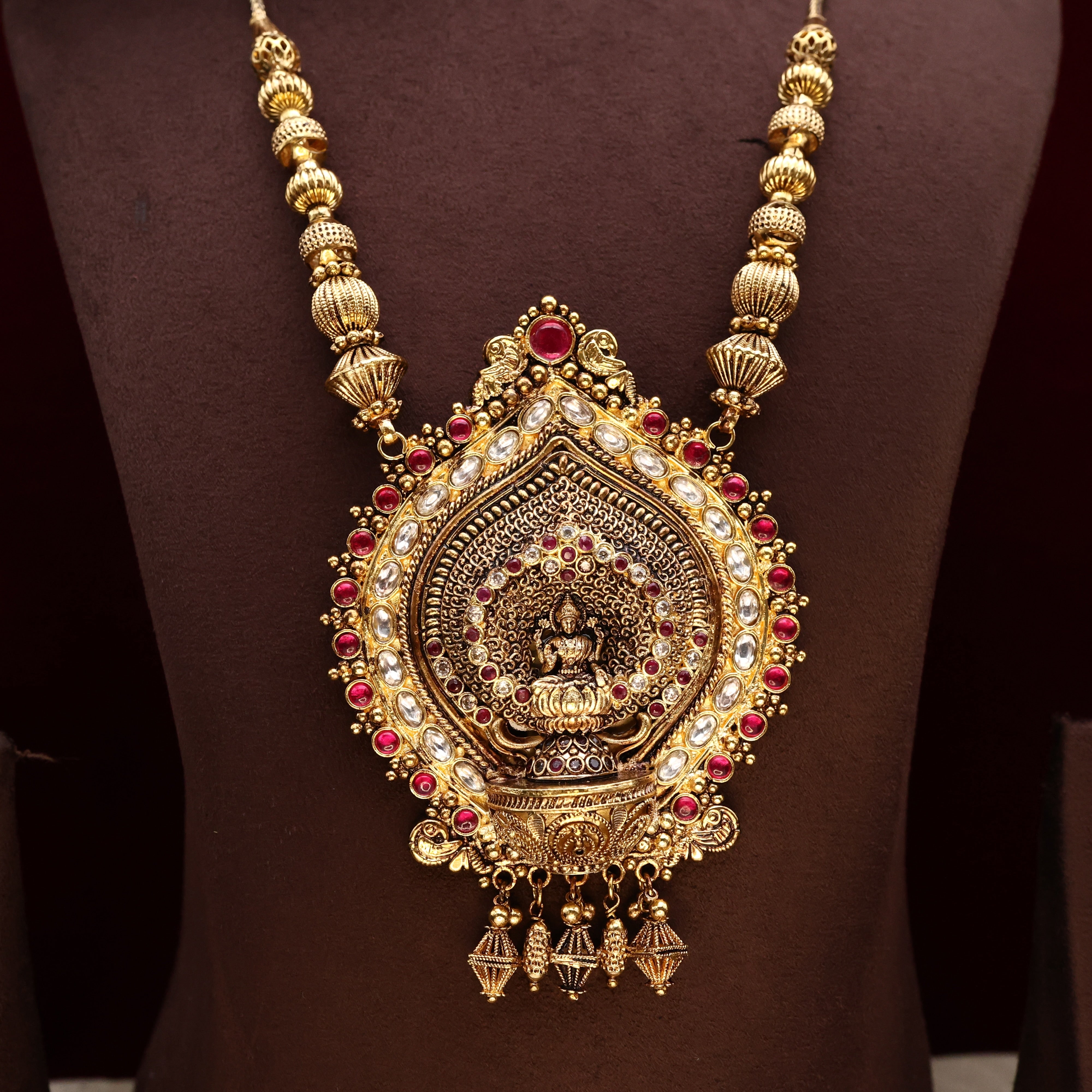 Exclusive Antique Gold Premium AD Kemp Lakshmi Devi Pendant Necklace