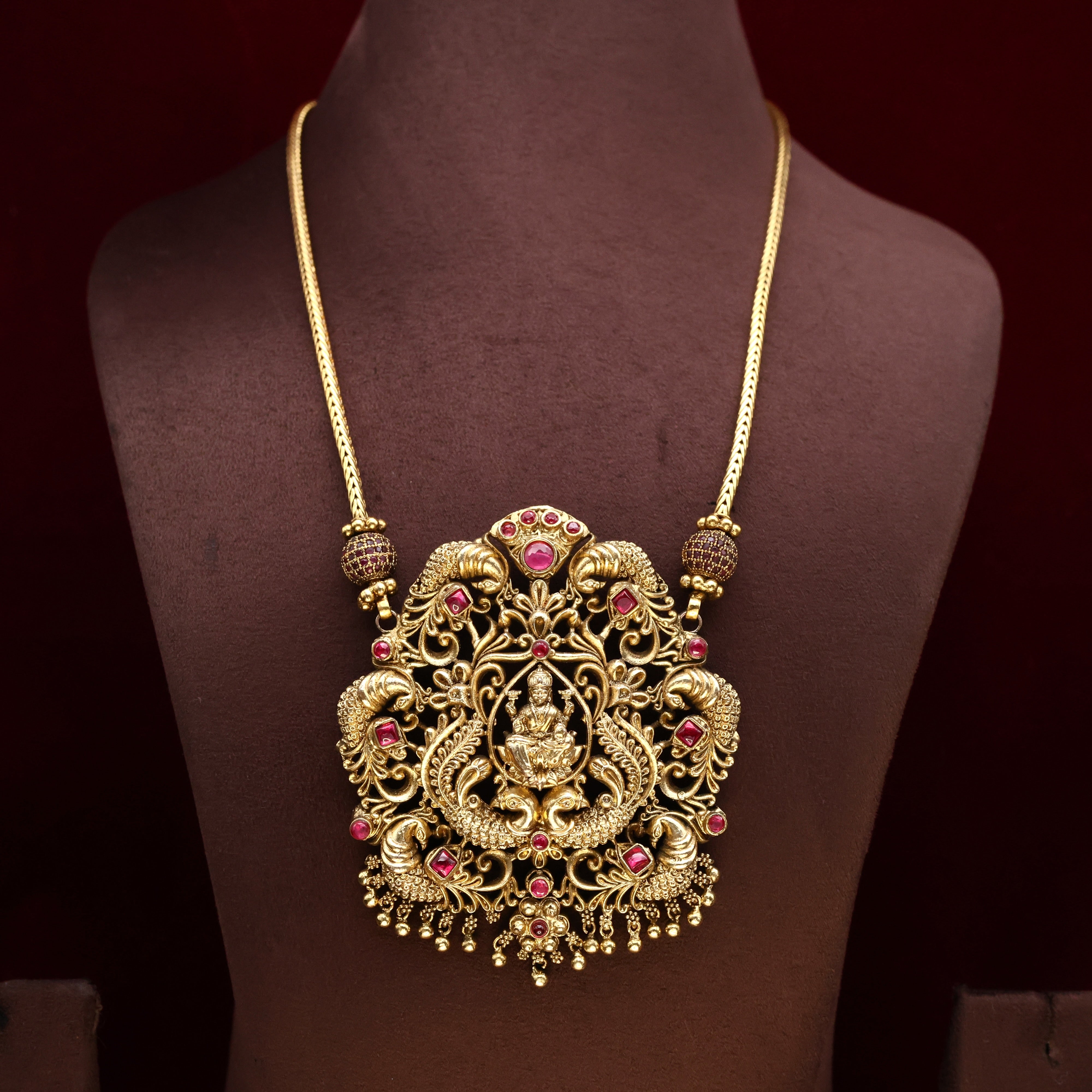 Antique Gold Nagas Mayur Lakshmi Devi Pendant AD Kemp Necklace