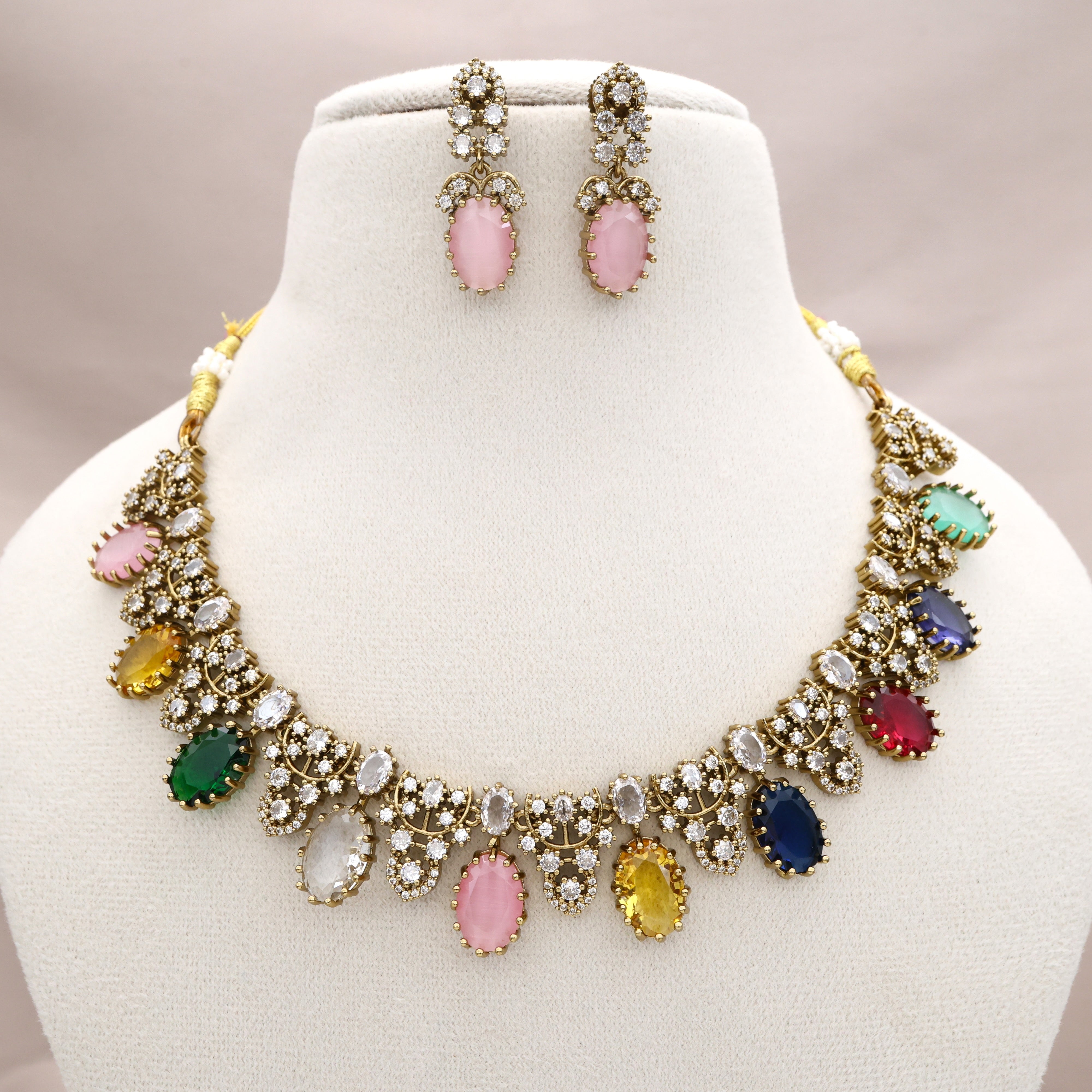 Mehendi Polish Diamond Look Multi Colour Stone Necklace Set