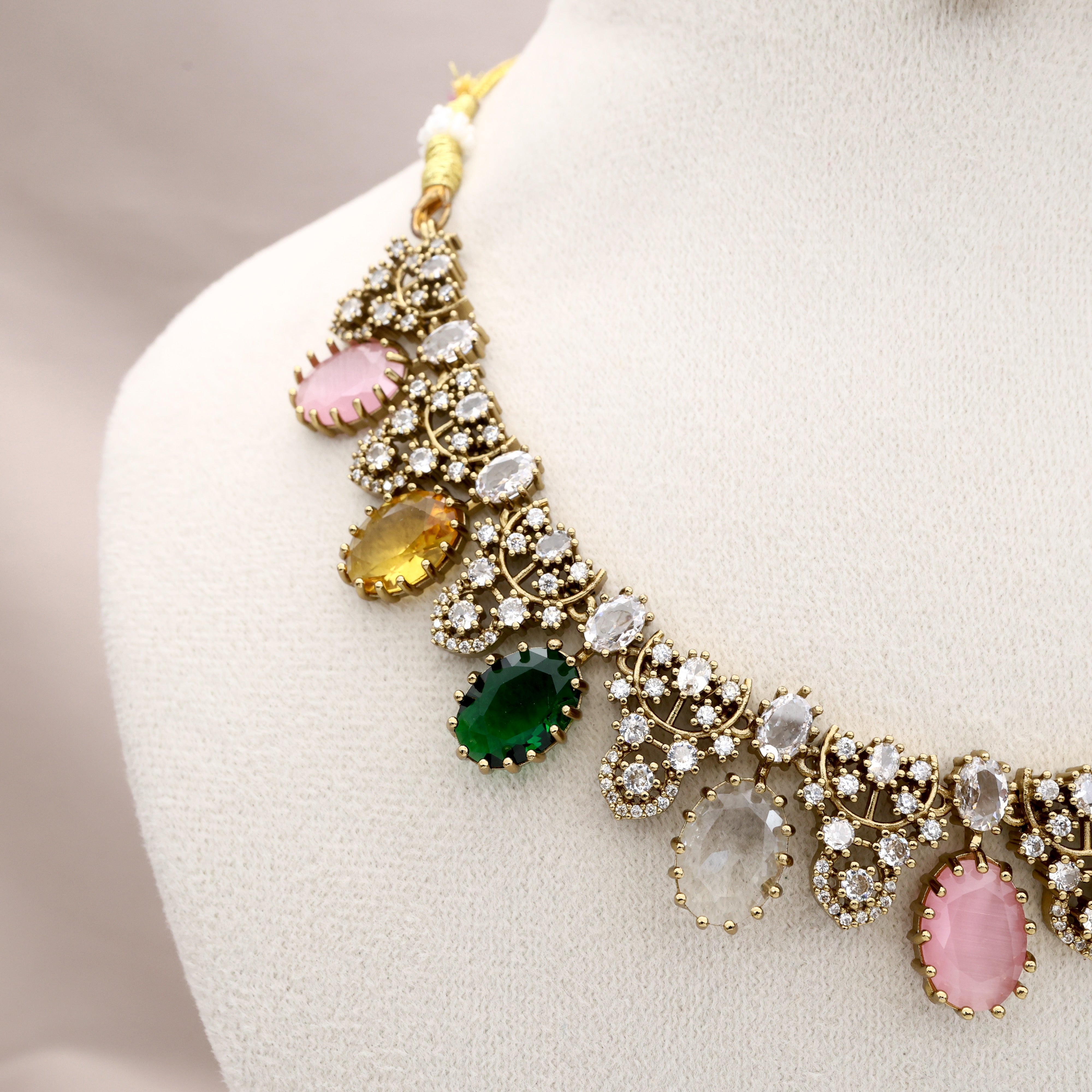 Mehendi Polish Diamond Look Multi Colour Stone Necklace Set