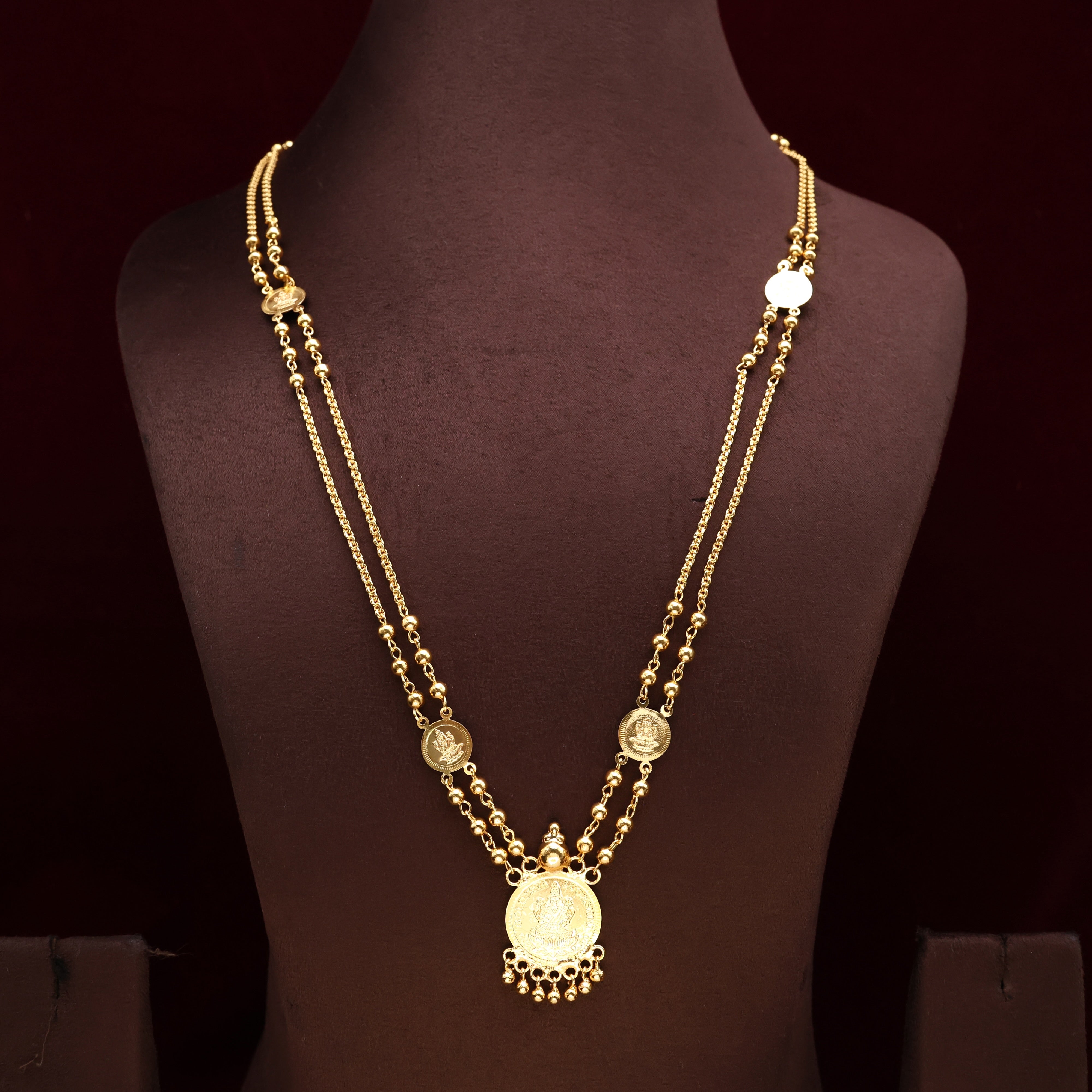 Real Gold Tone Two Line Lakshmi Coin Pendant Mala
