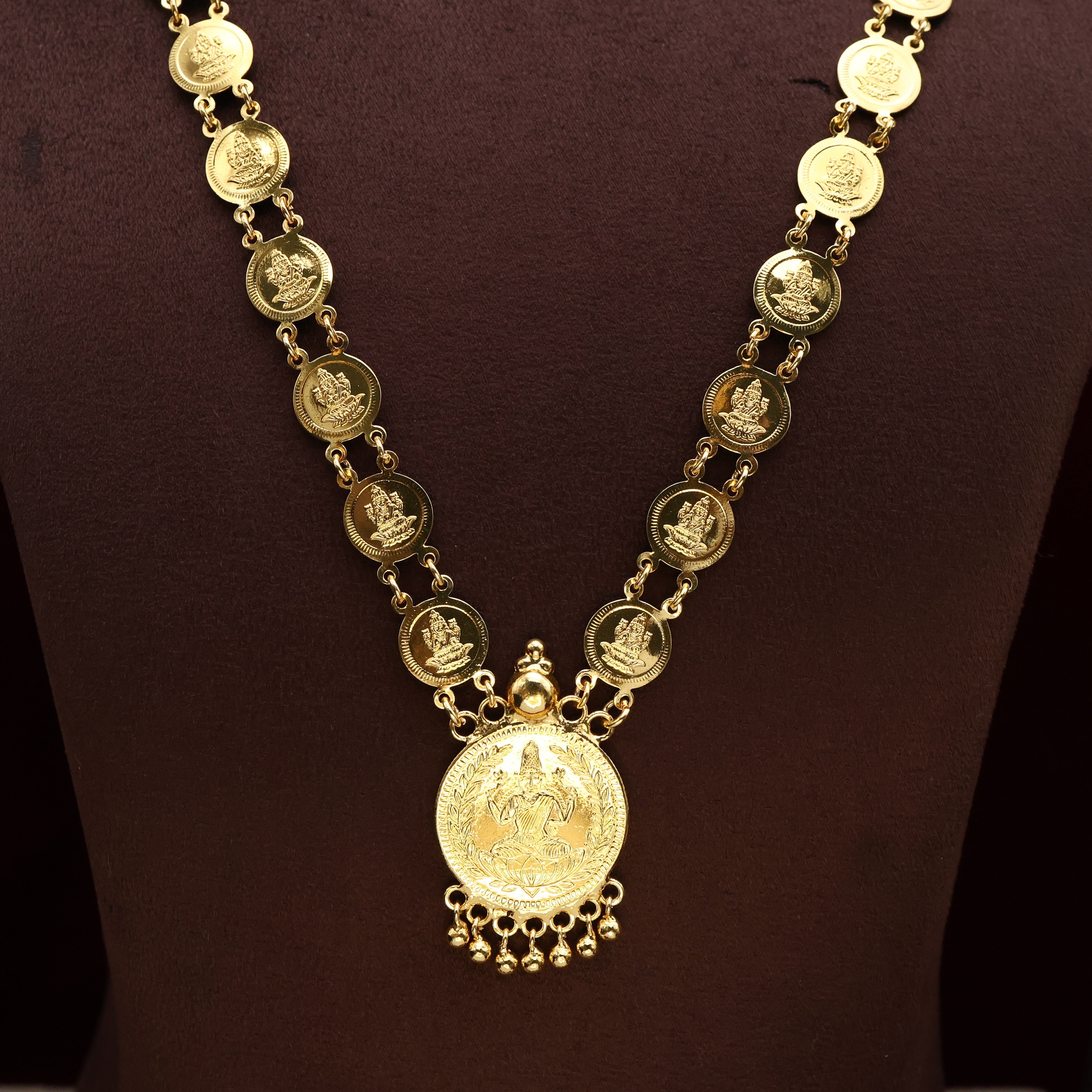 Real Gold Tone Traditional Kerala Lakshmi Coin with Dollar Long Necklace