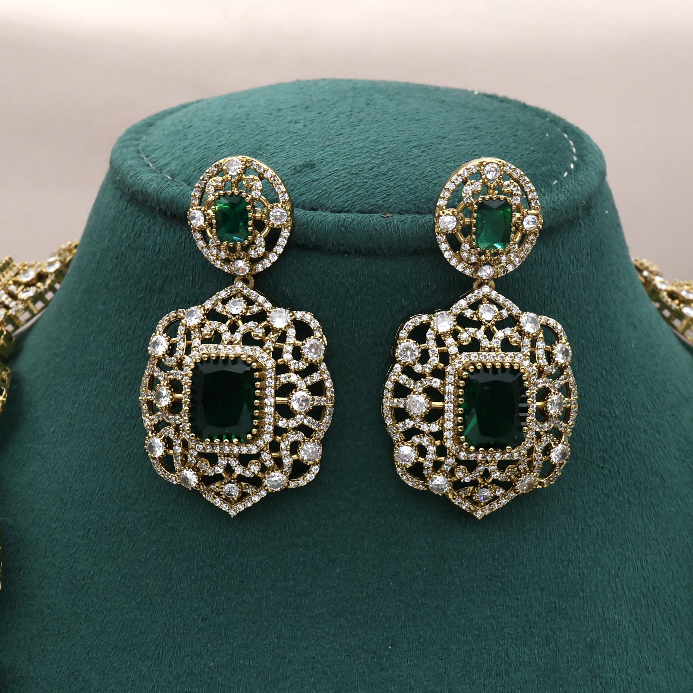 Premium Diamond Look Nita Ambani Inspired Mid Length Necklace Set - Emerald Green
