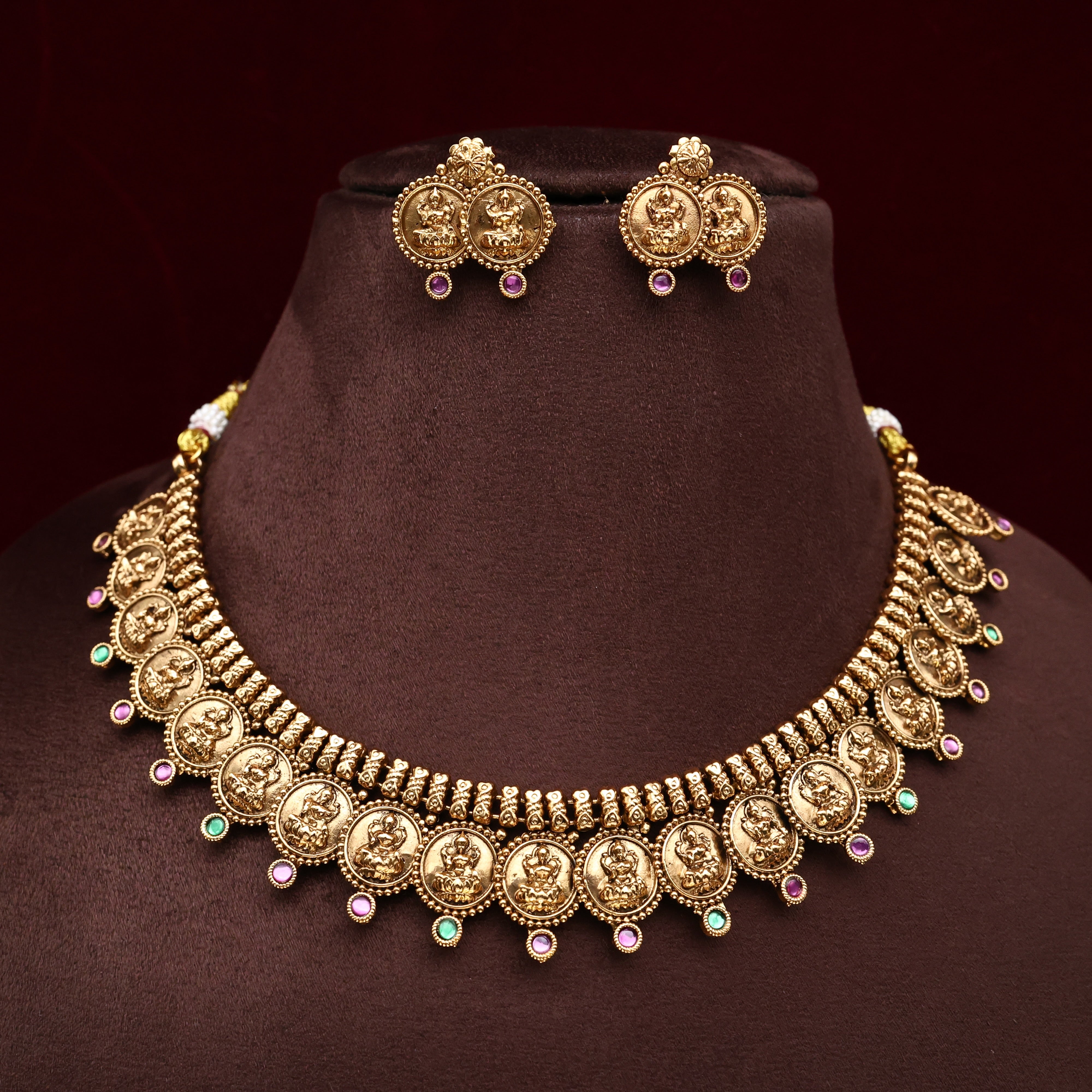 Antique Gold Lakshmi Devi Coin Necklace Set