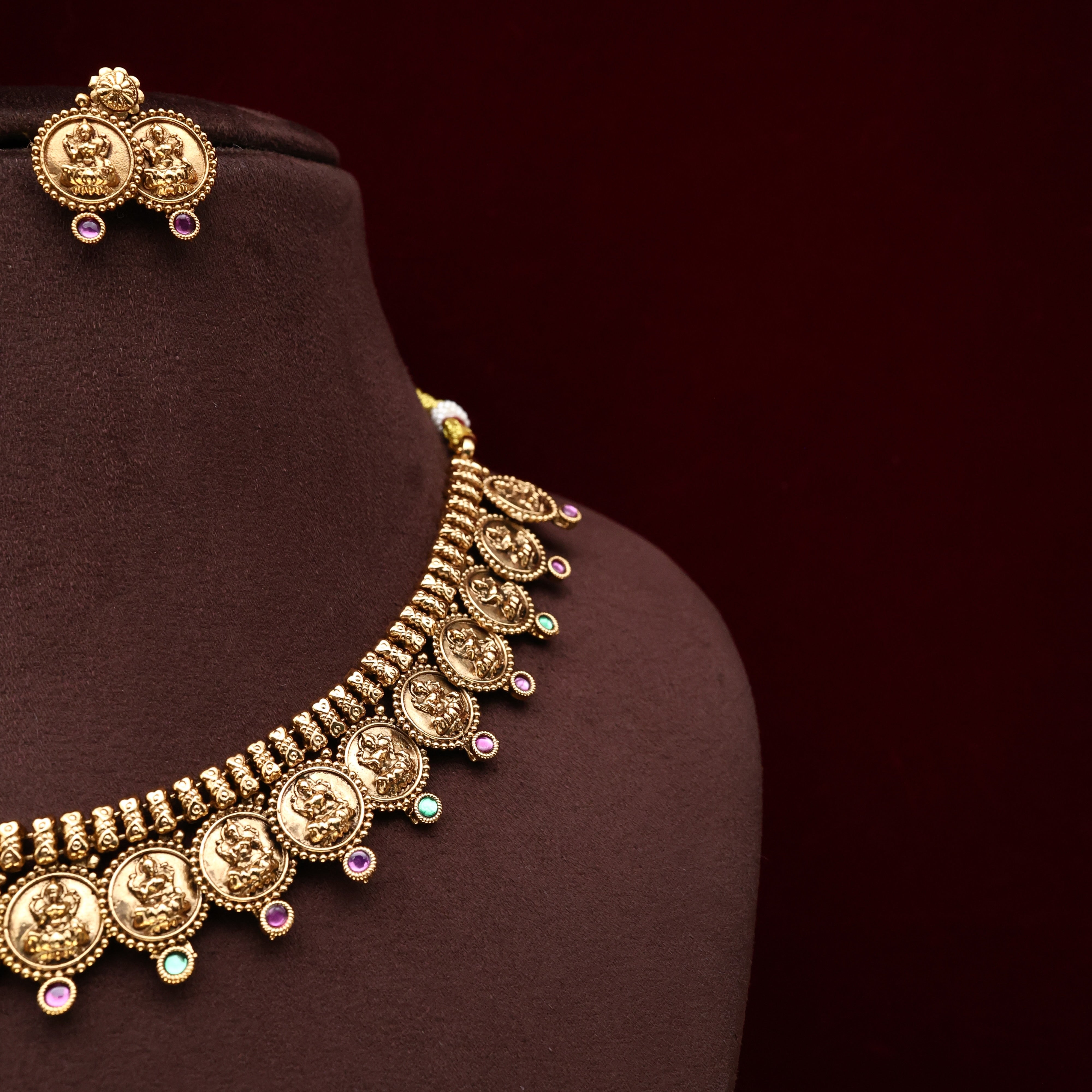 Antique Gold Lakshmi Devi Coin Necklace Set