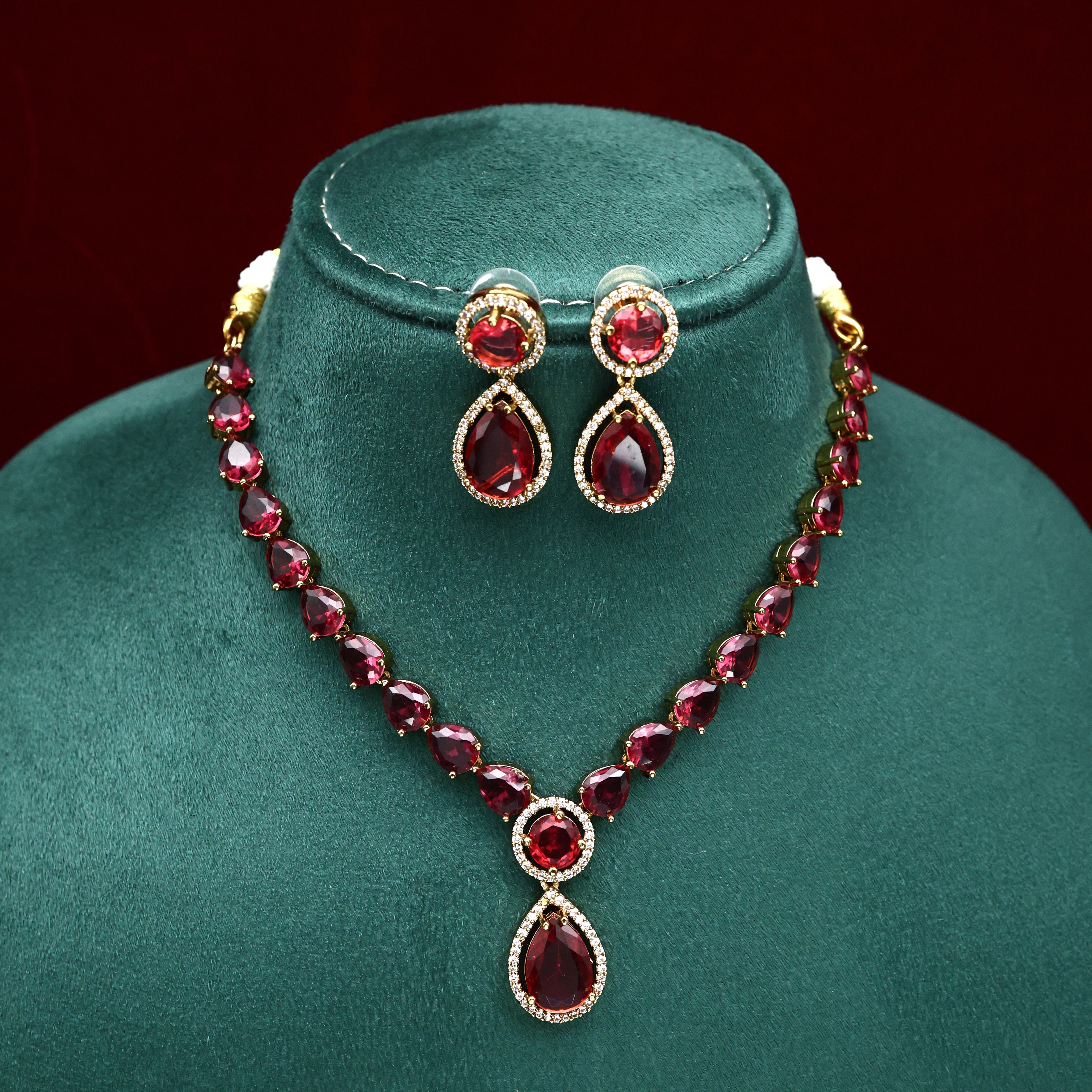 Premium AD Tear Drop Bridal Necklace Set - Ruby