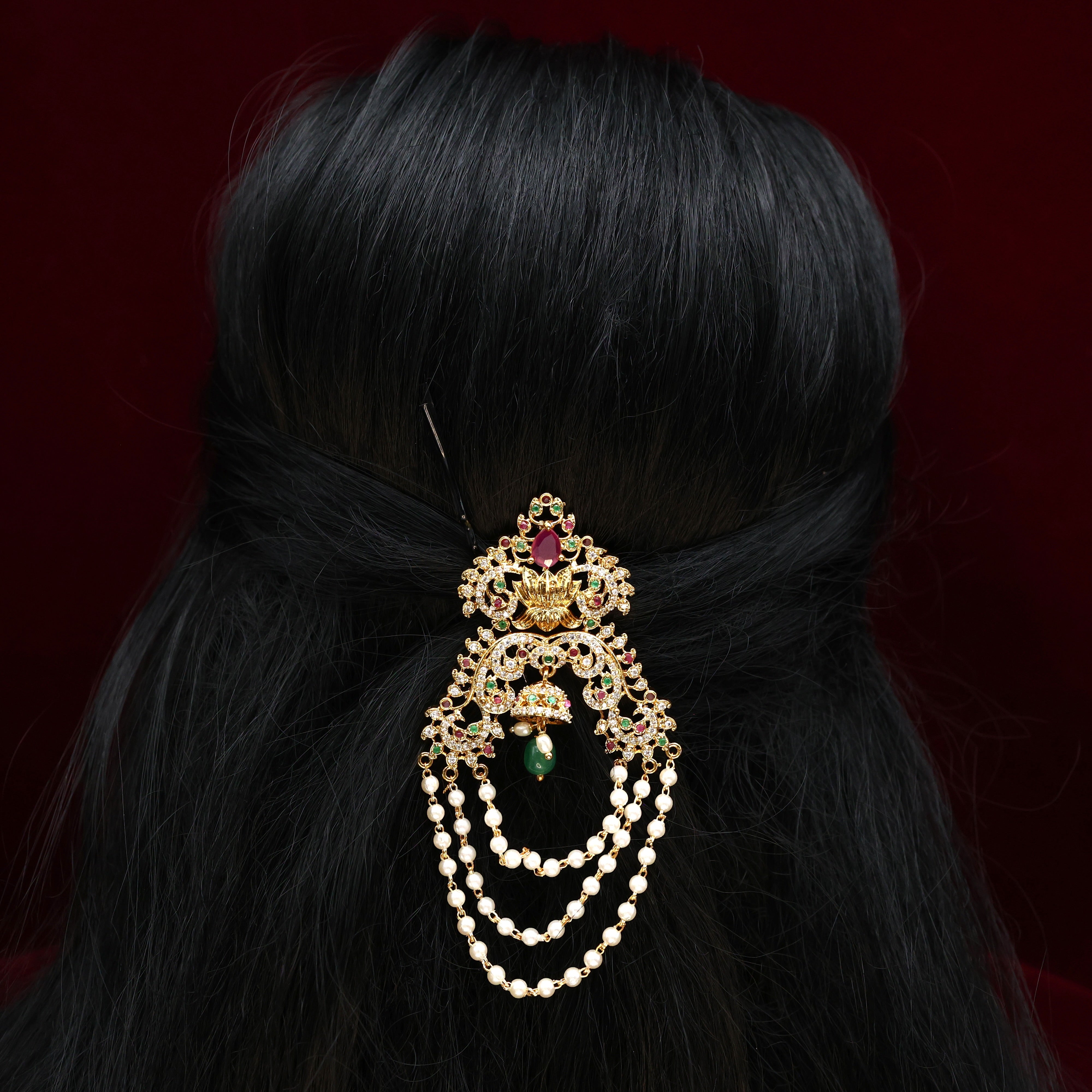 Gold Tone AD 3 Layer Pearl Bridal Choti/Hair Pin