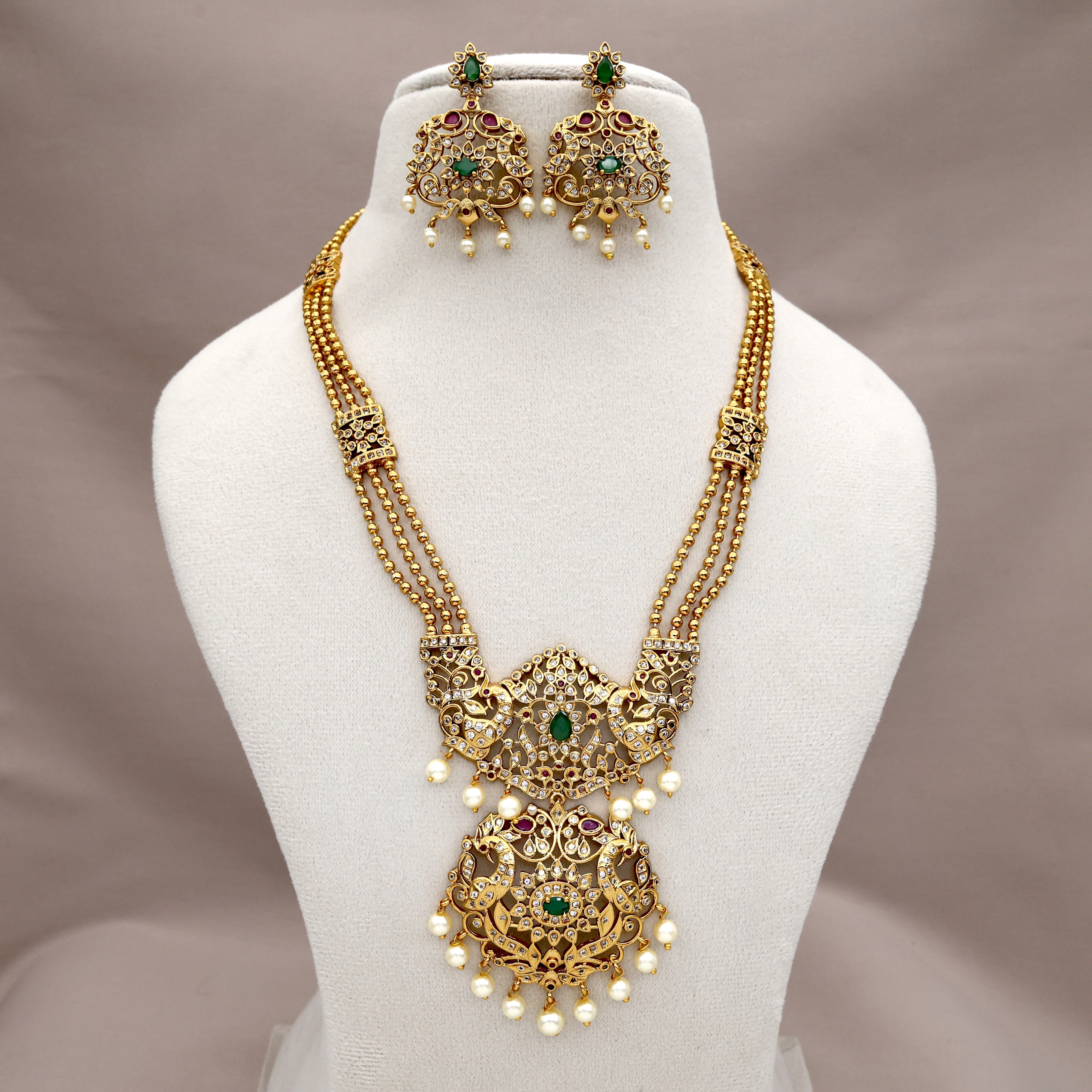 Premium Gold Tone AD 3 Line Rettapakshi Traditional Pendant Rani Haaram Set