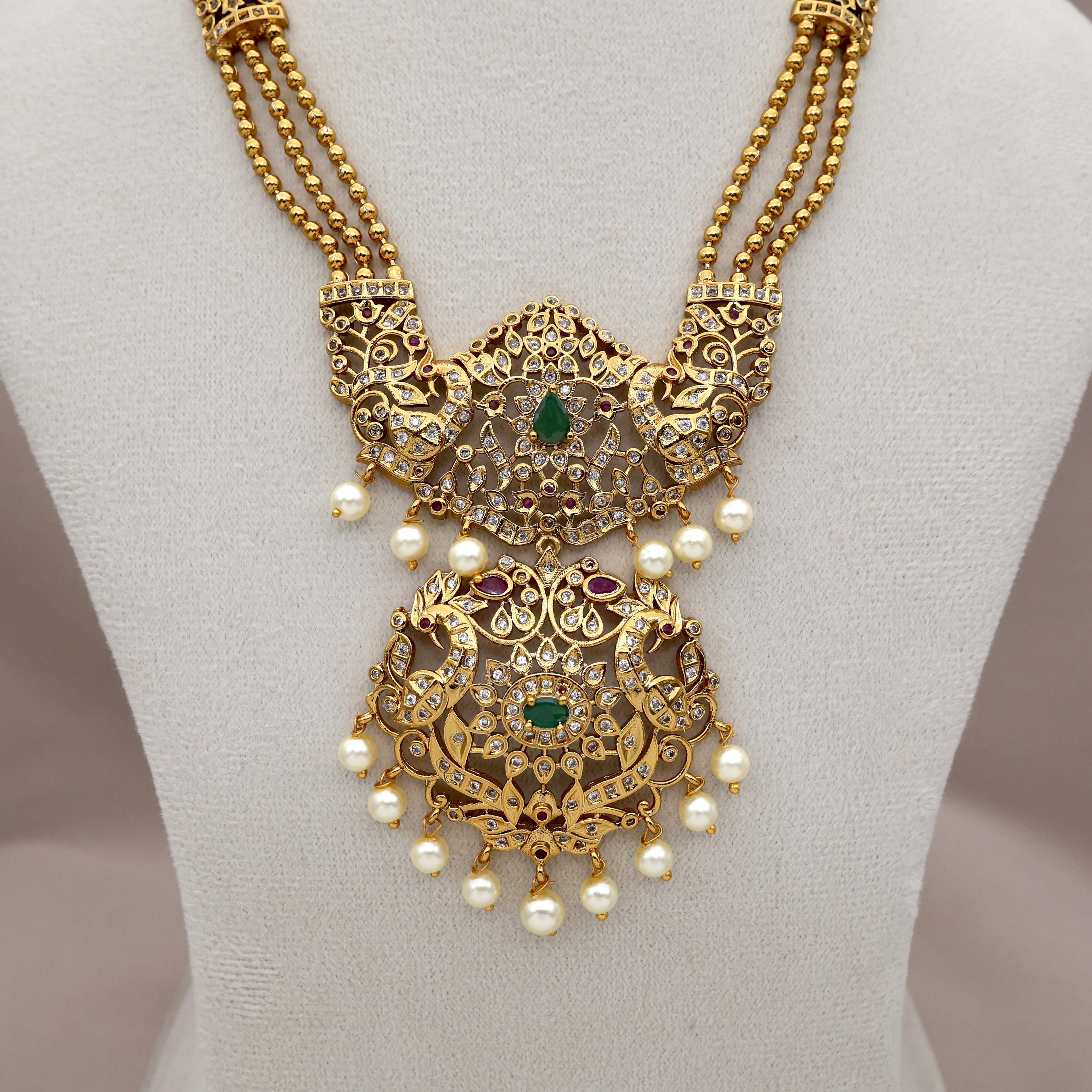 Premium Gold Tone AD 3 Line Rettapakshi Traditional Pendant Rani Haaram Set