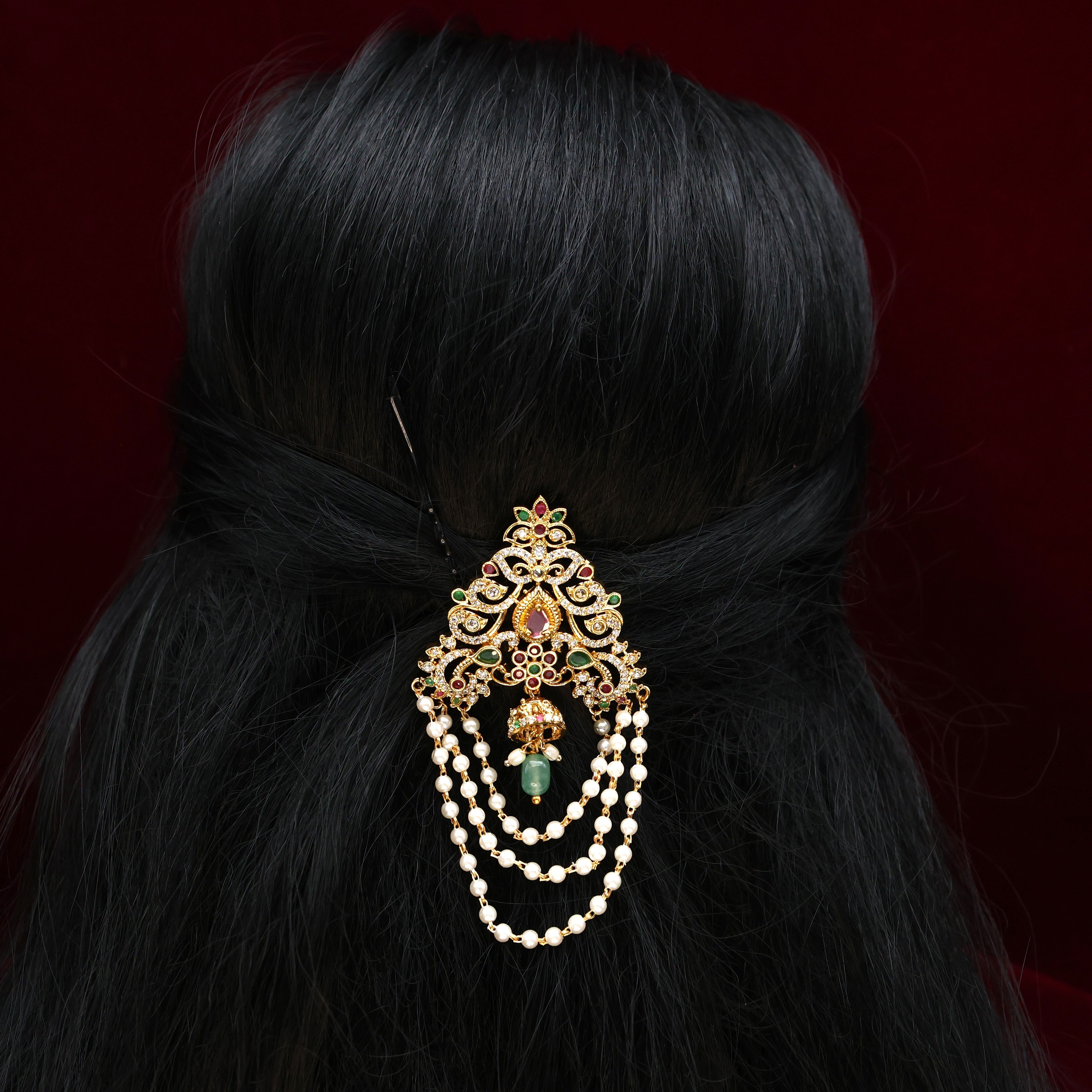 Gold Tone 3 Layer Pearl AD Bridal Choti Hair Pin