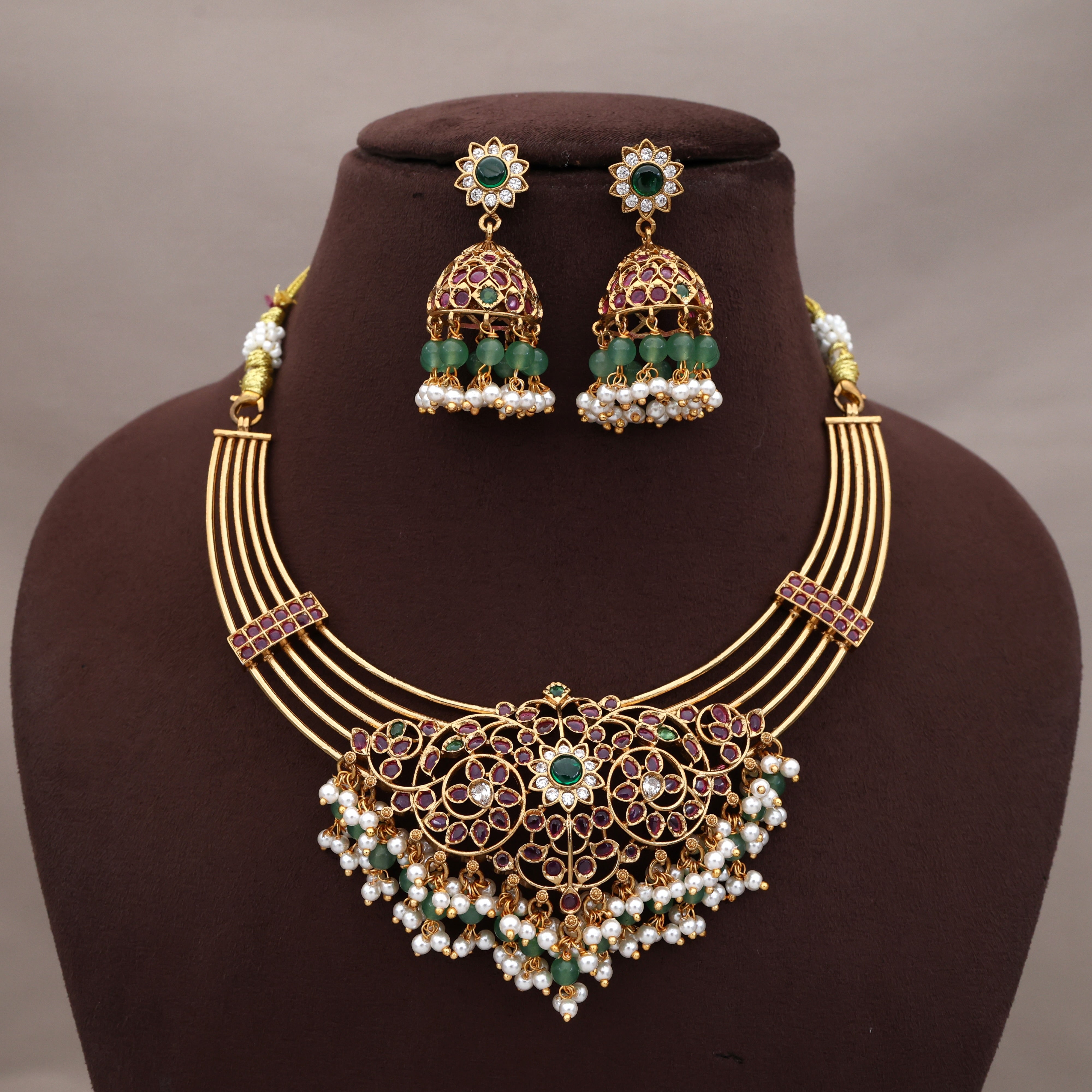 Antique Gold Premium Kemp Rettapakshi Traditional Temple Pendant Contemporary Hasli Necklace Set