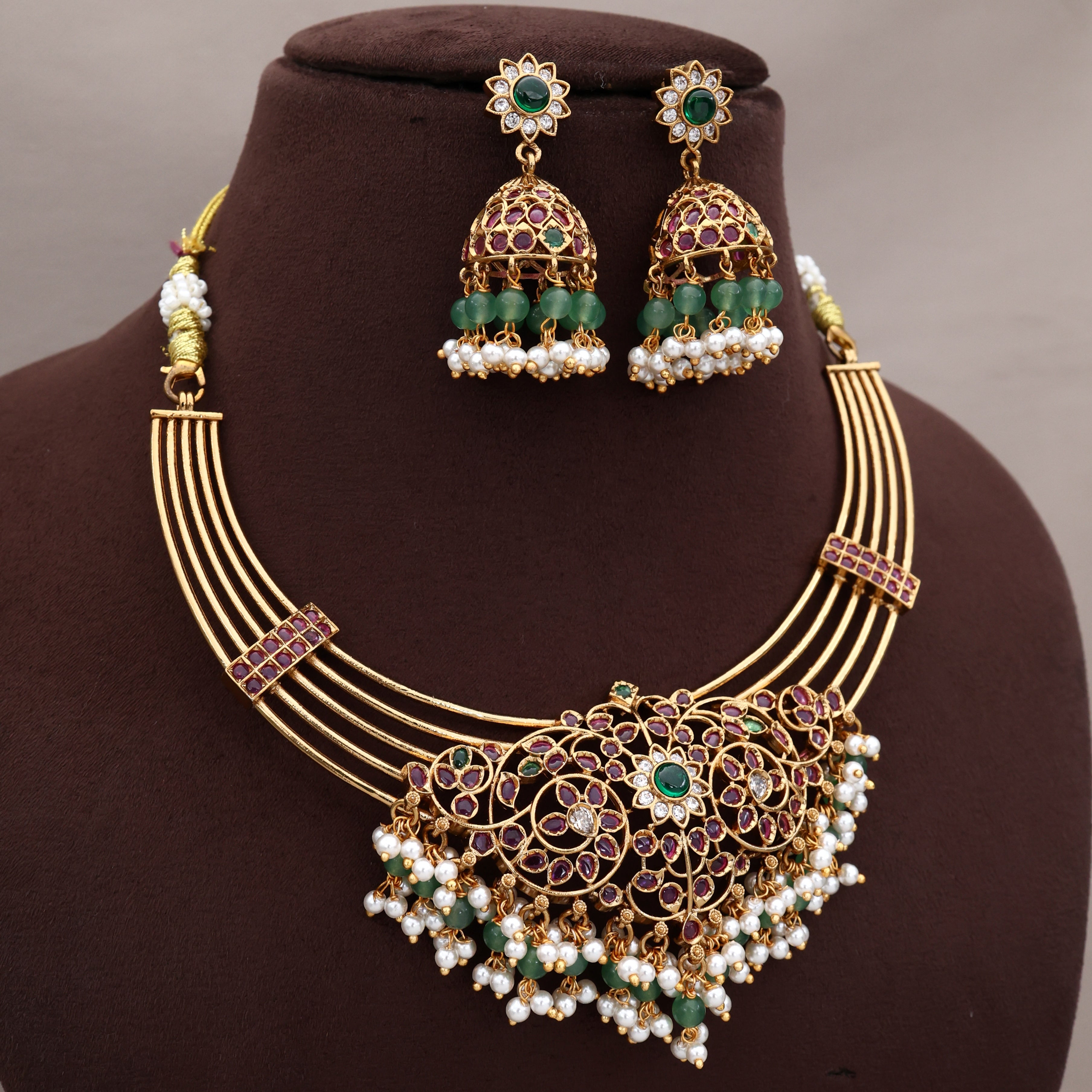 Antique Gold Premium Kemp Rettapakshi Traditional Temple Pendant Contemporary Hasli Necklace Set