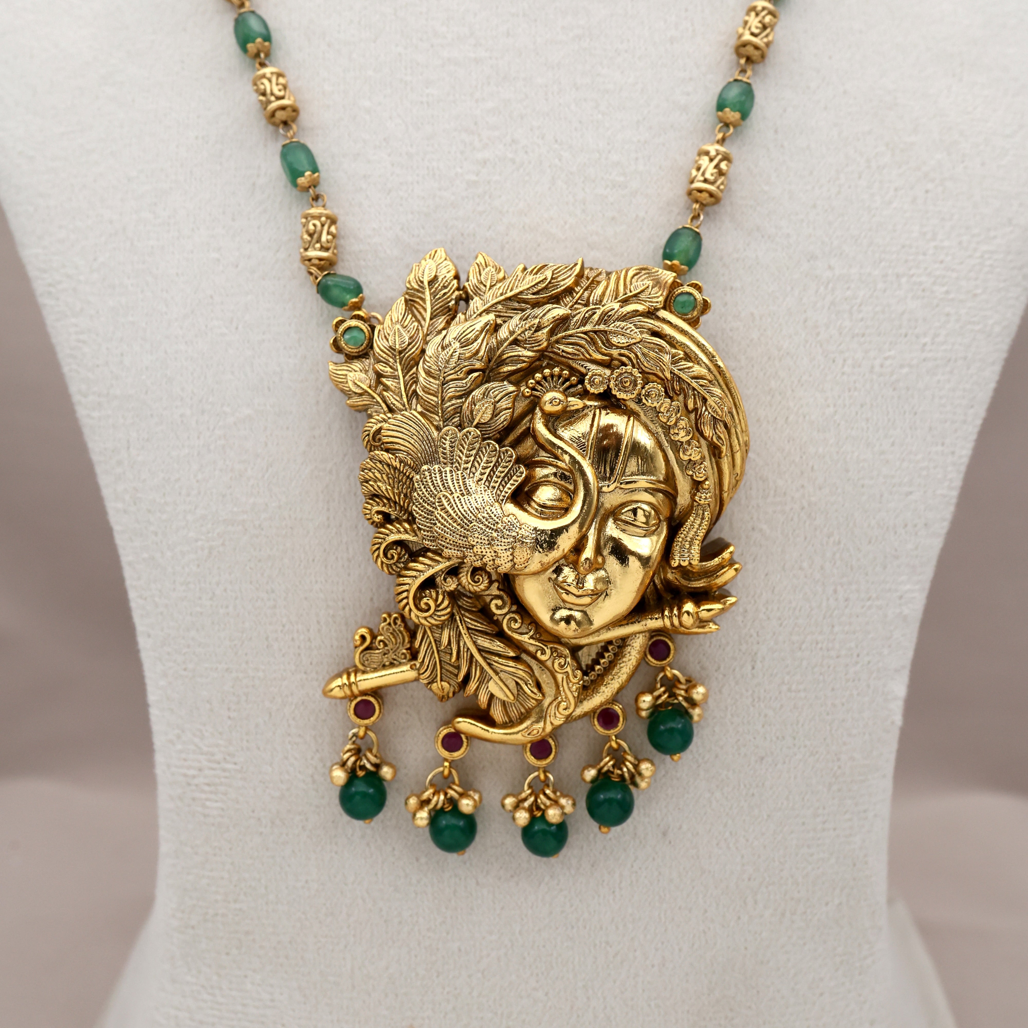 Antique Nagas Divine Krishna Pendant Beaded Mala Necklace
