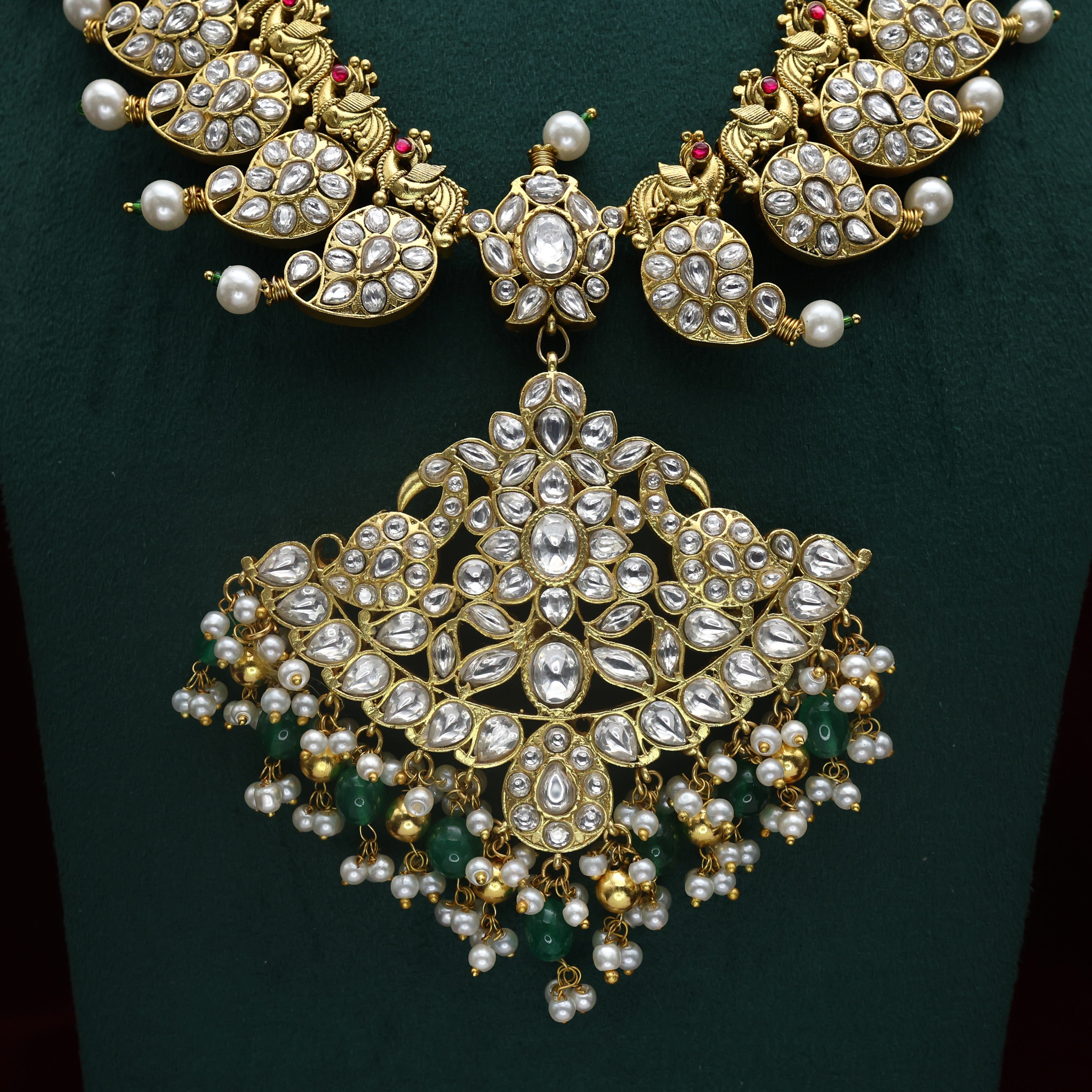 Premium Jadau Kundan Reversible Double Side Bridal Mango Pakshi Haaram Set