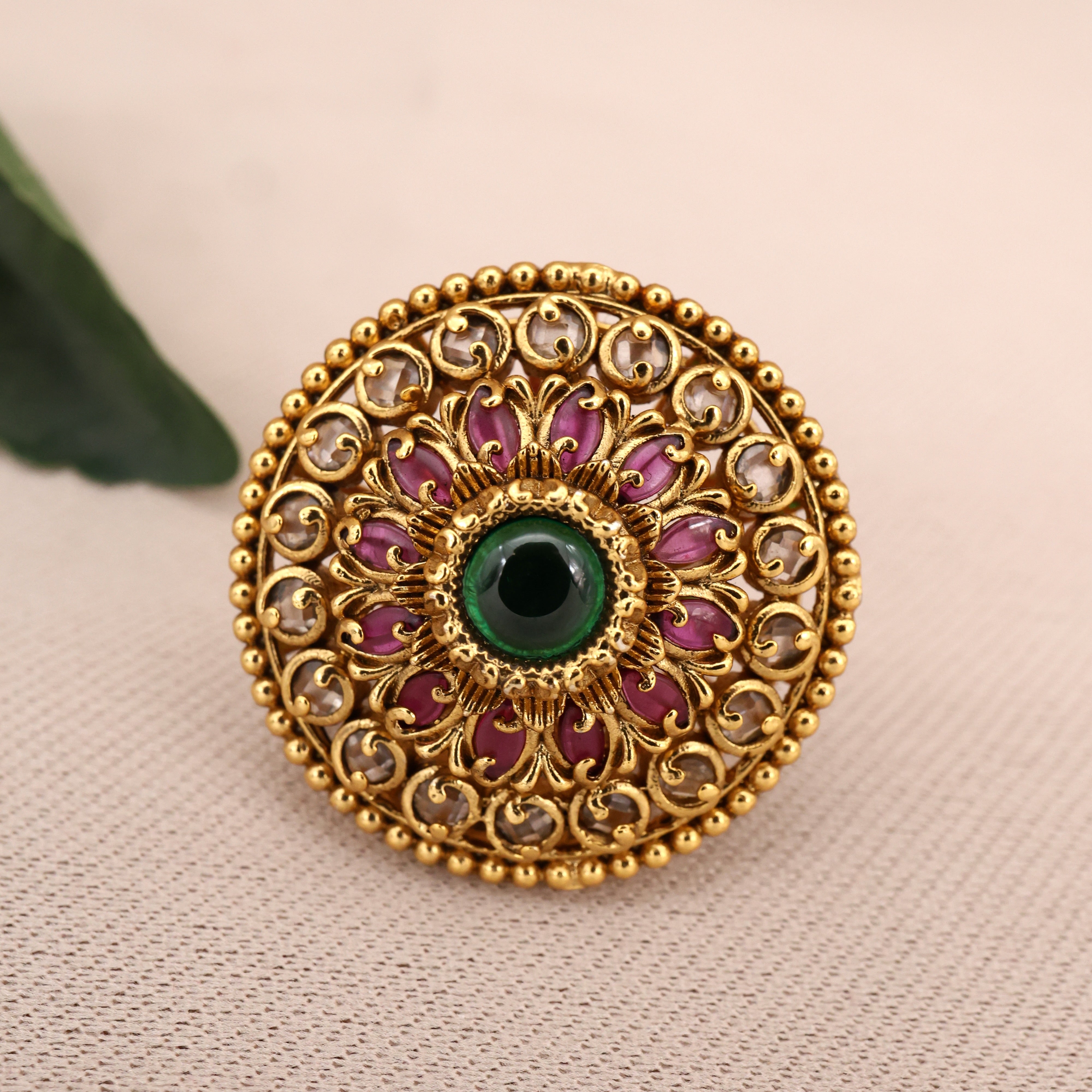 Premium Antique Gold Look Flower Chakra Bridal Adjustable Finger Ring