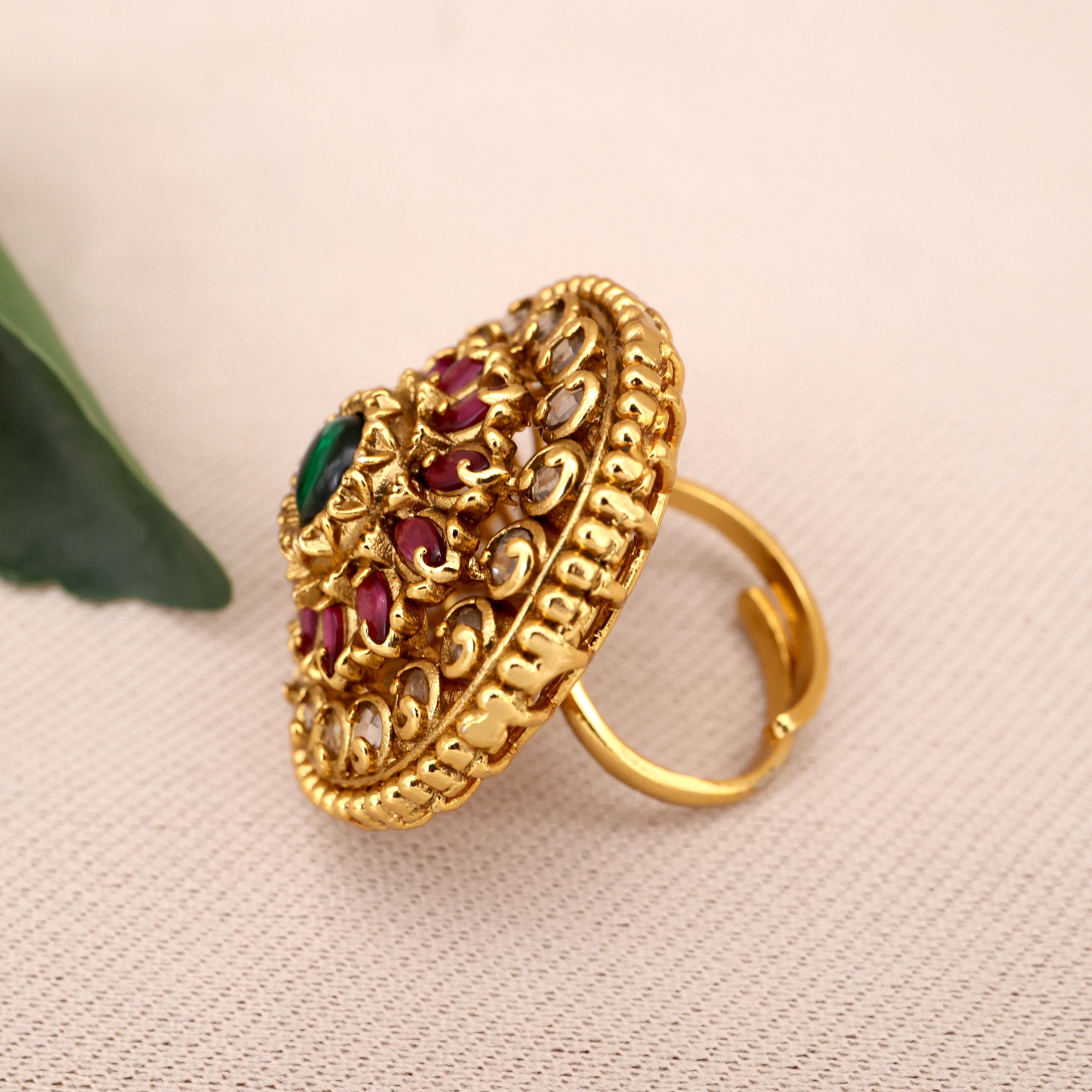 Premium Antique Gold Look Flower Chakra Bridal Adjustable Finger Ring