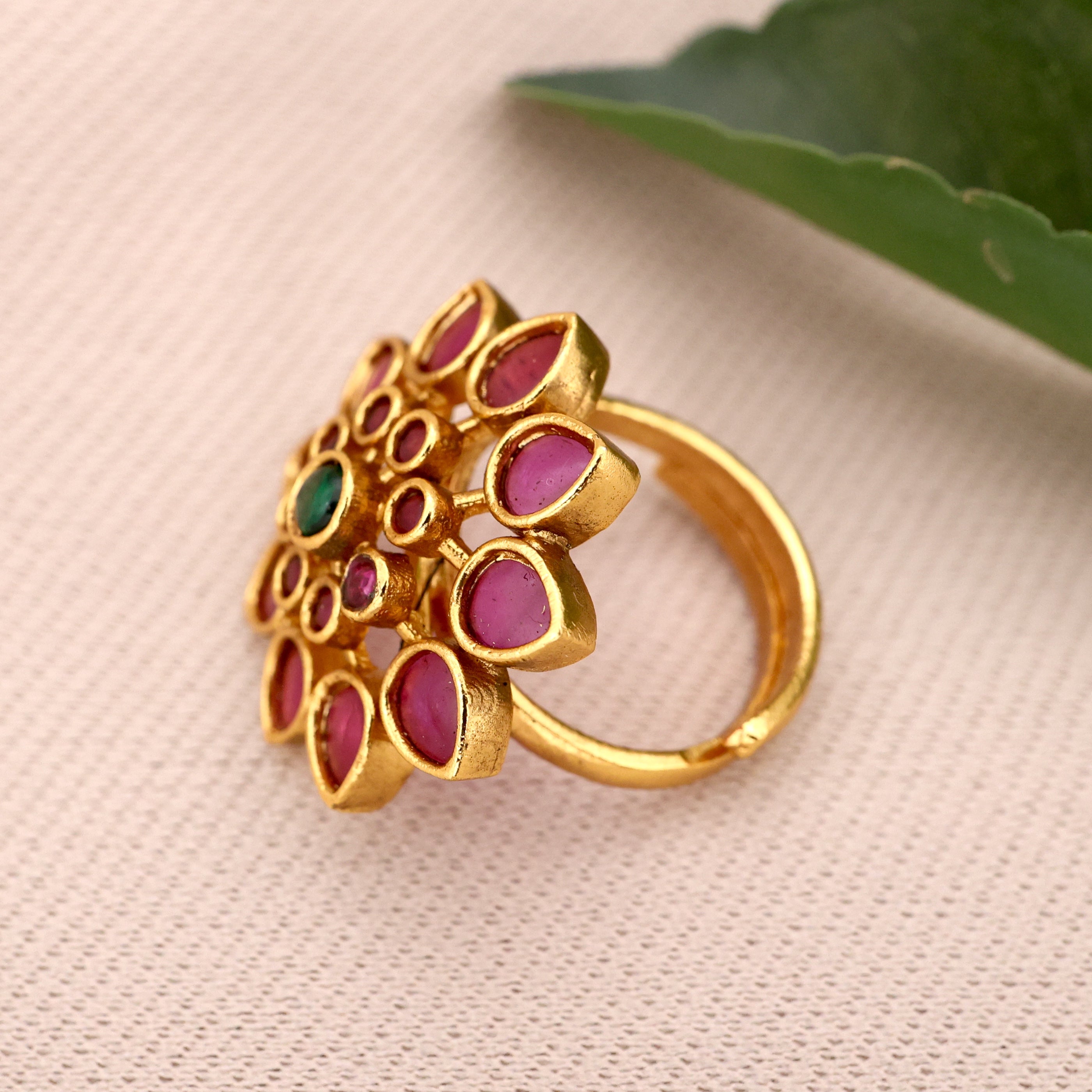 Premium Gold Look Adjustable AD Flower Bridal Finger Ring