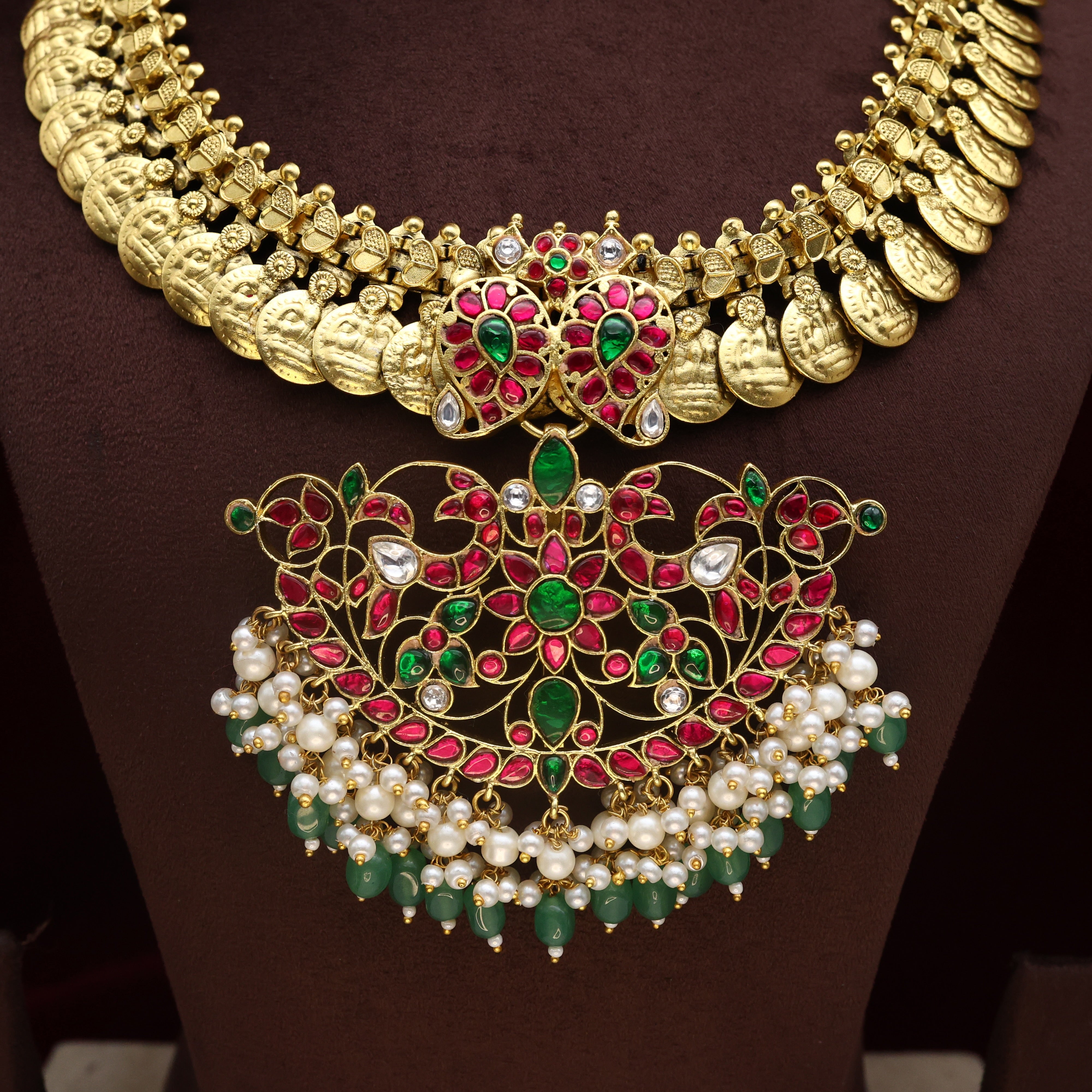 Premium Jadau Kundan Mango Rettapakshi Pendant Lakshmi Coin Bridal Necklace Set