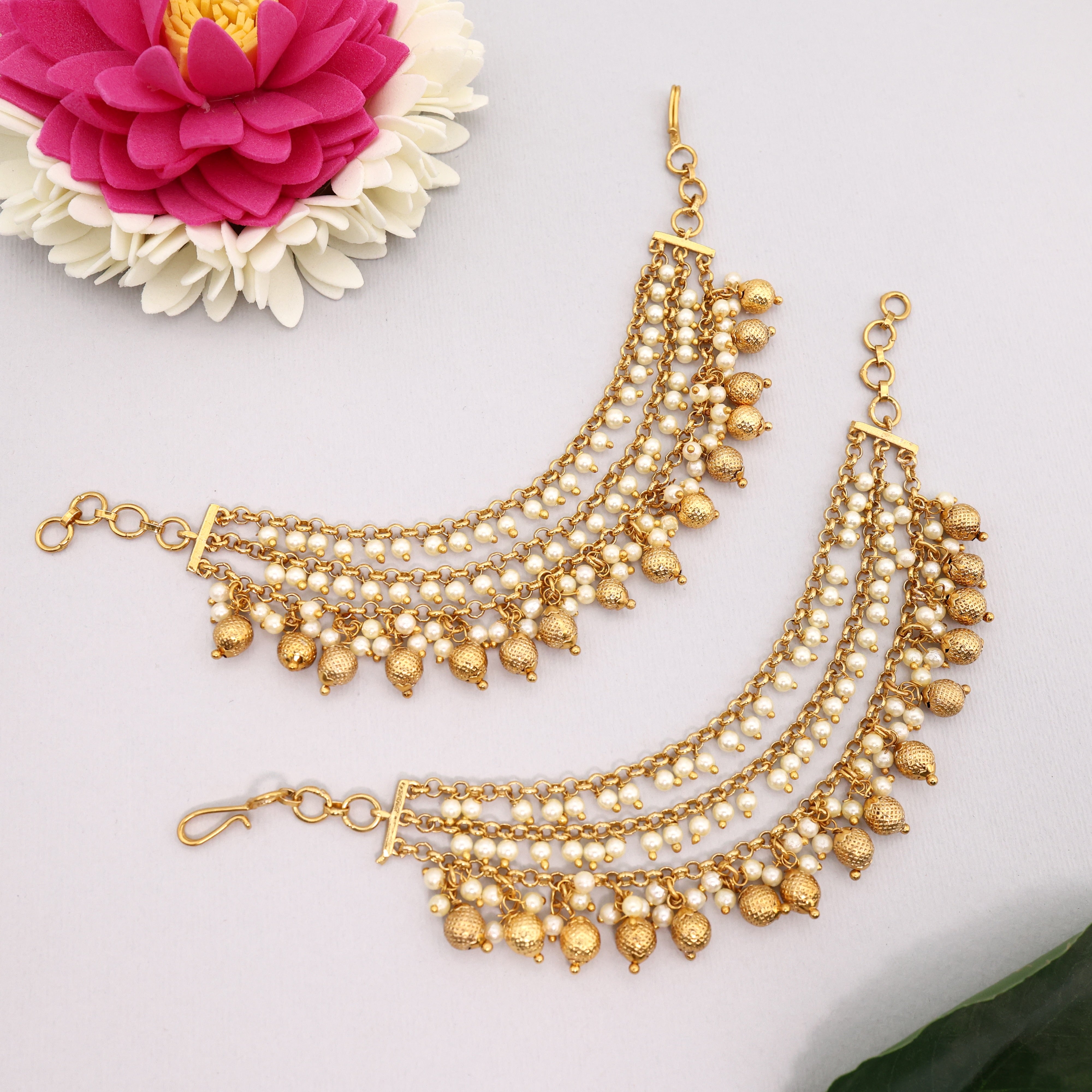 Premium 3 Line Gold Pearl Balls Bridal Maatal/Kaan Chain/Ear Chain