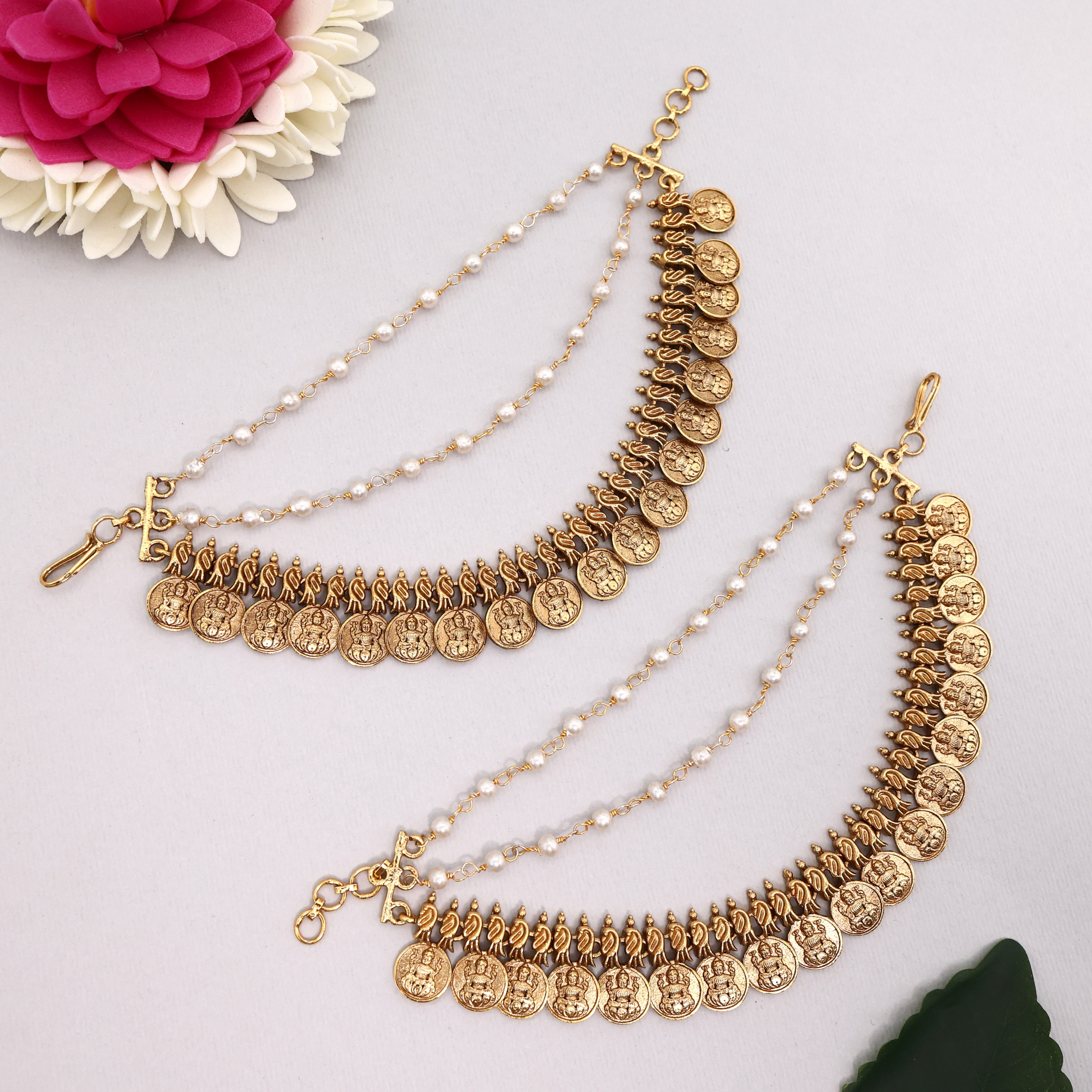 Antique Gold Premium Lakshmi Coins 3 Layer Bridal Maatal/Kaan Chain/Ear Chain