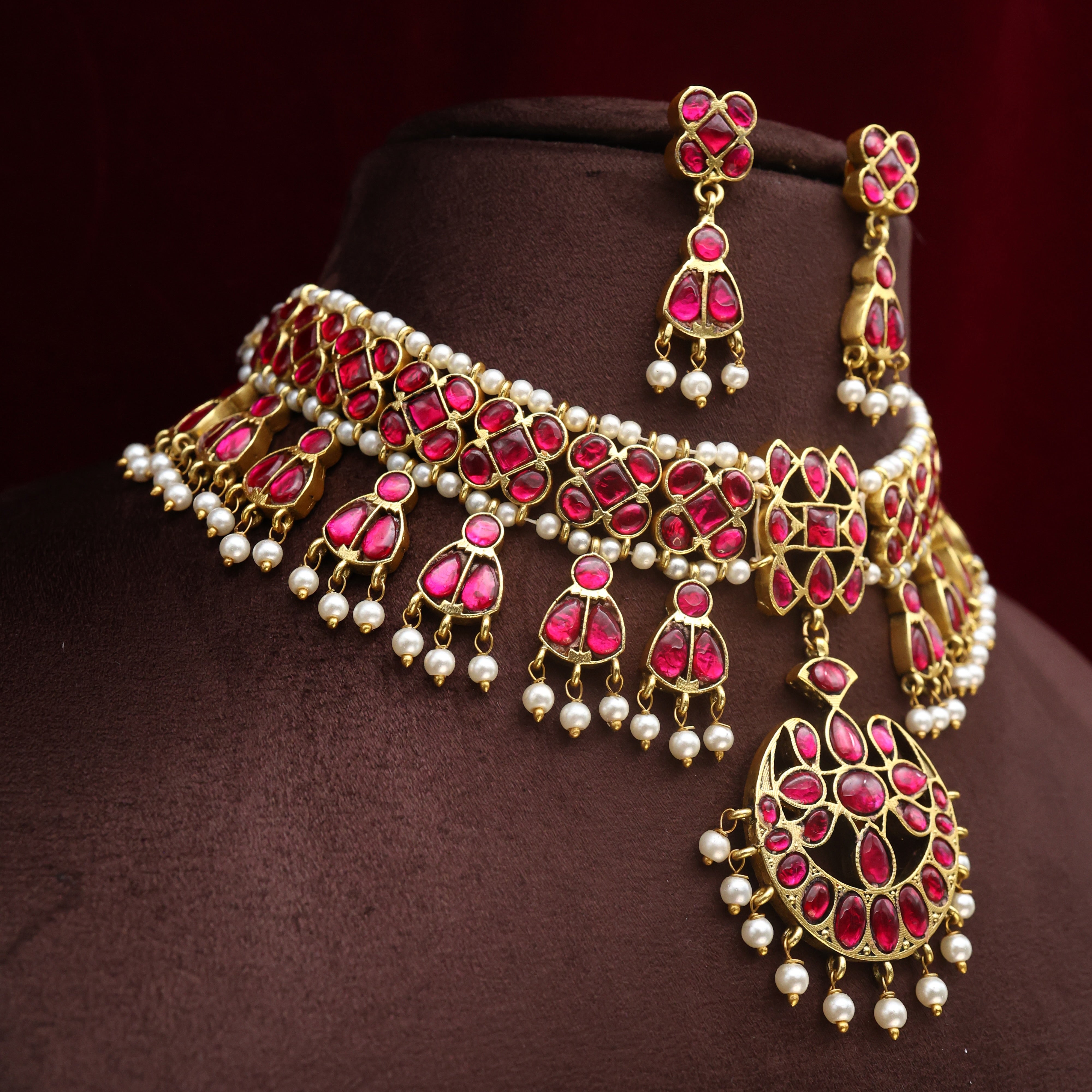 Premium Jadau Kundan Vintage Traditional Bridal Chaand Choker Necklace Set - Ruby