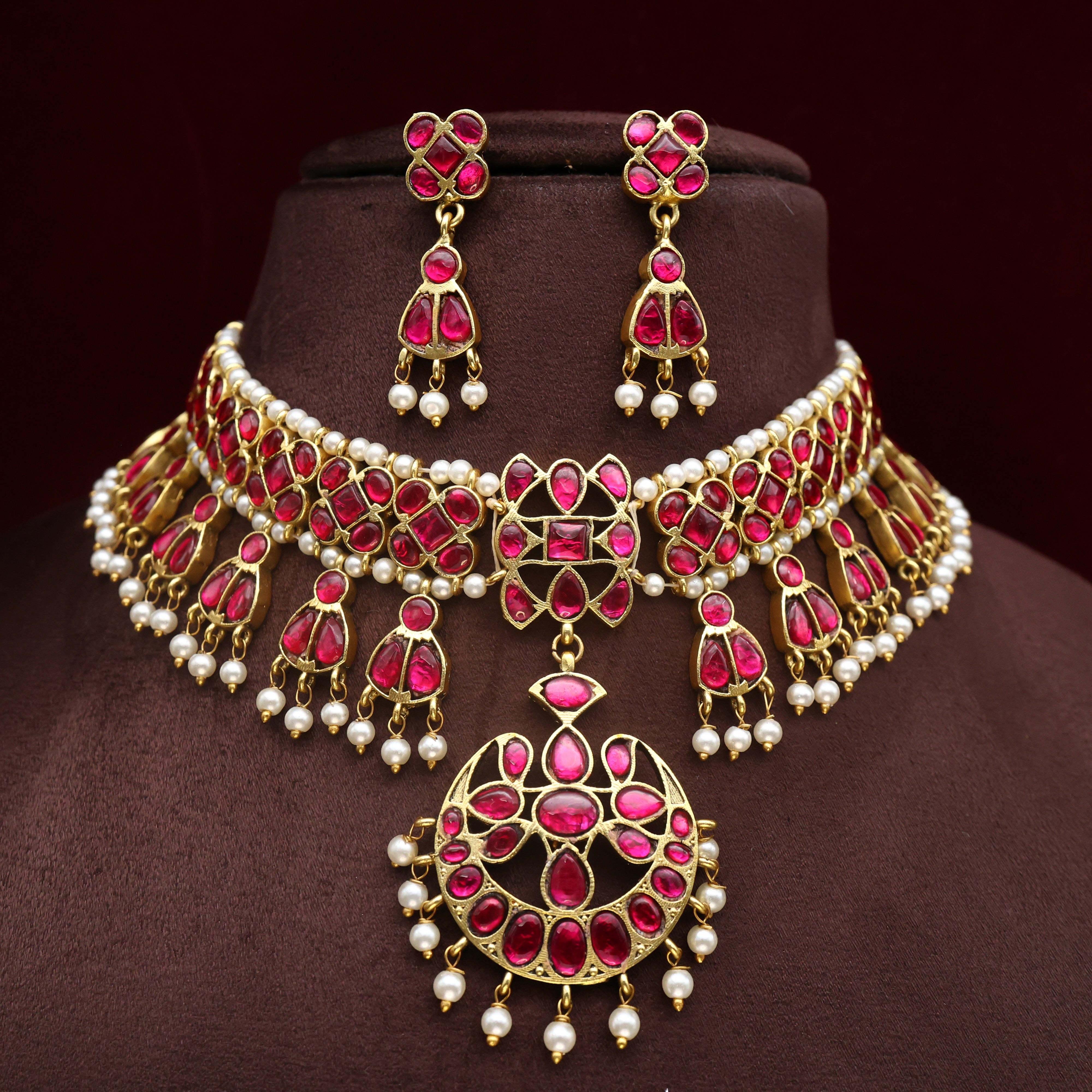 Premium Jadau Kundan Vintage Traditional Bridal Chaand Choker Necklace Set - Ruby