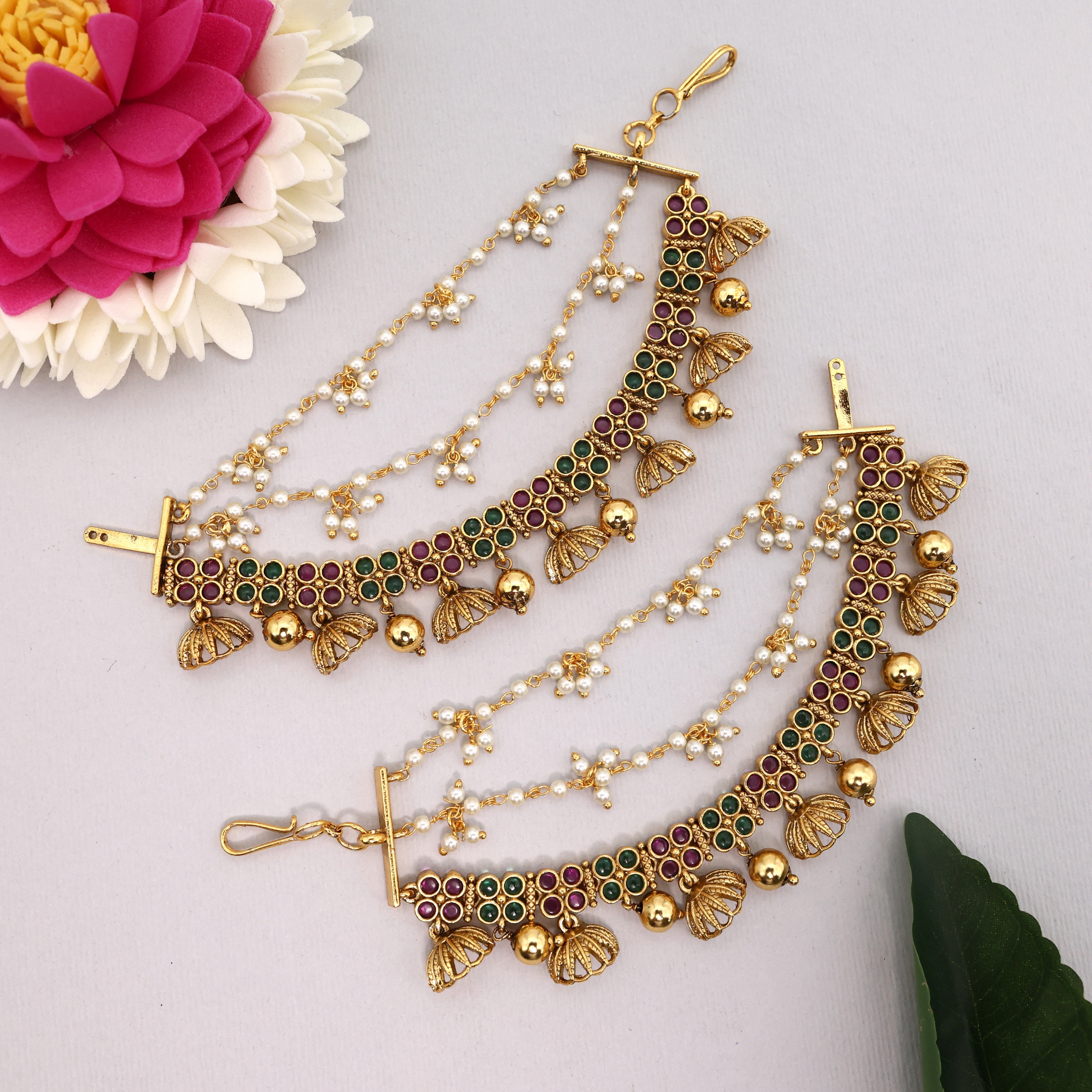 Antique Gold Premium 3 Layer Half Jhumkas Bridal Ear Chain/Kaan Chain