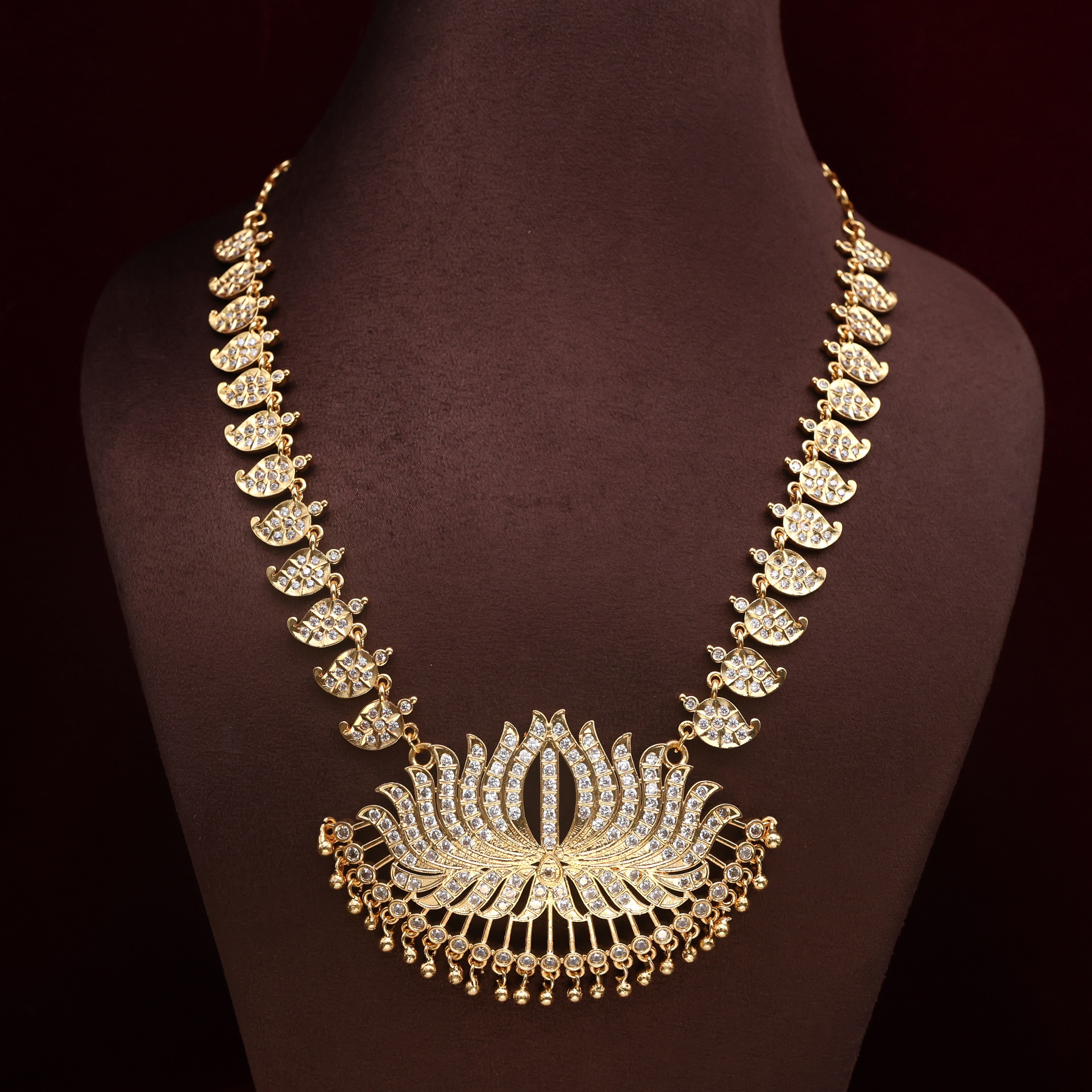 Premium Real Gold Tone Big Lotus Pendant Mango Haaram - Full White Stones