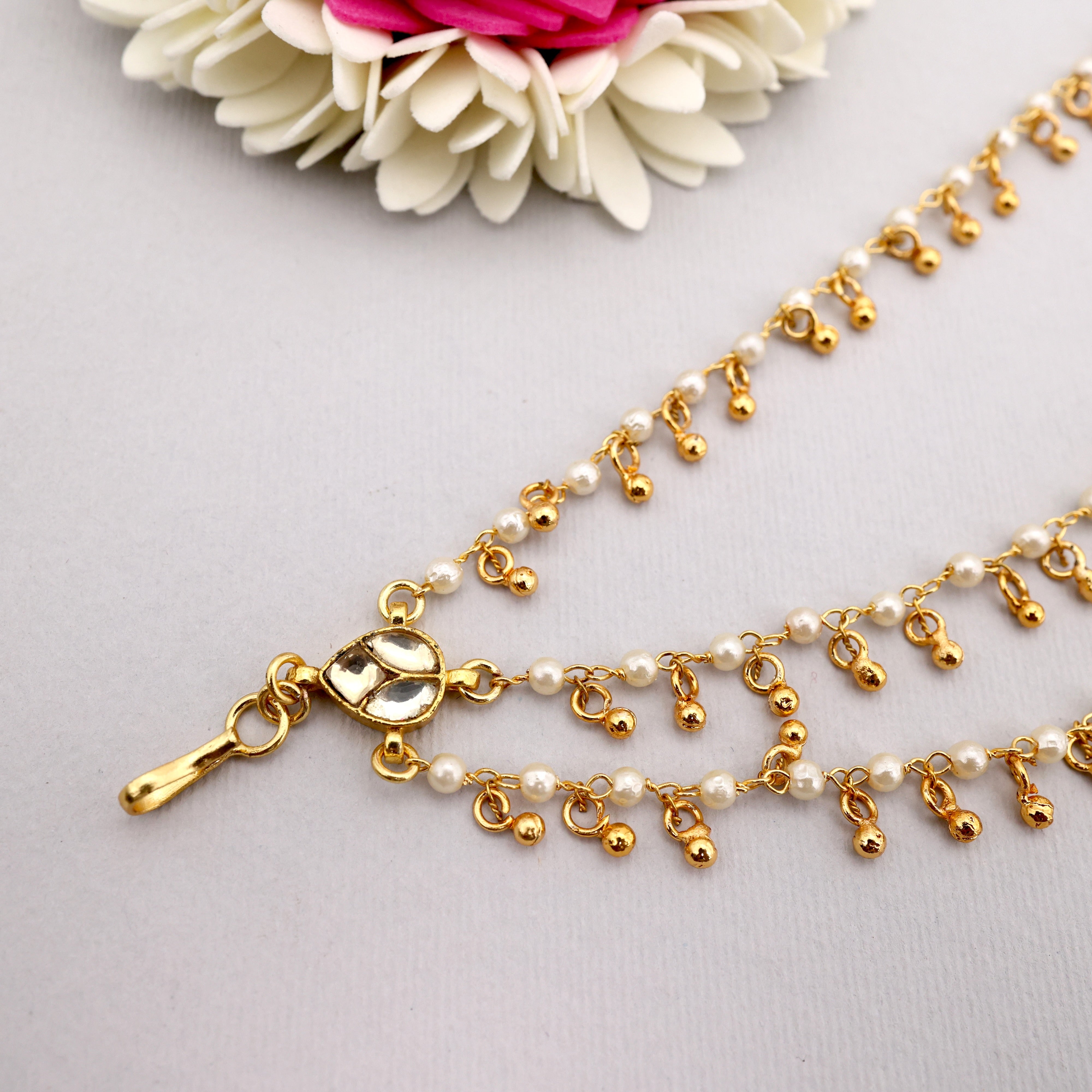 Pachi Kundan Real Gold Tone Small Balls Bridal 3 Layer Ear Chain/Kaan Chain/Maatal