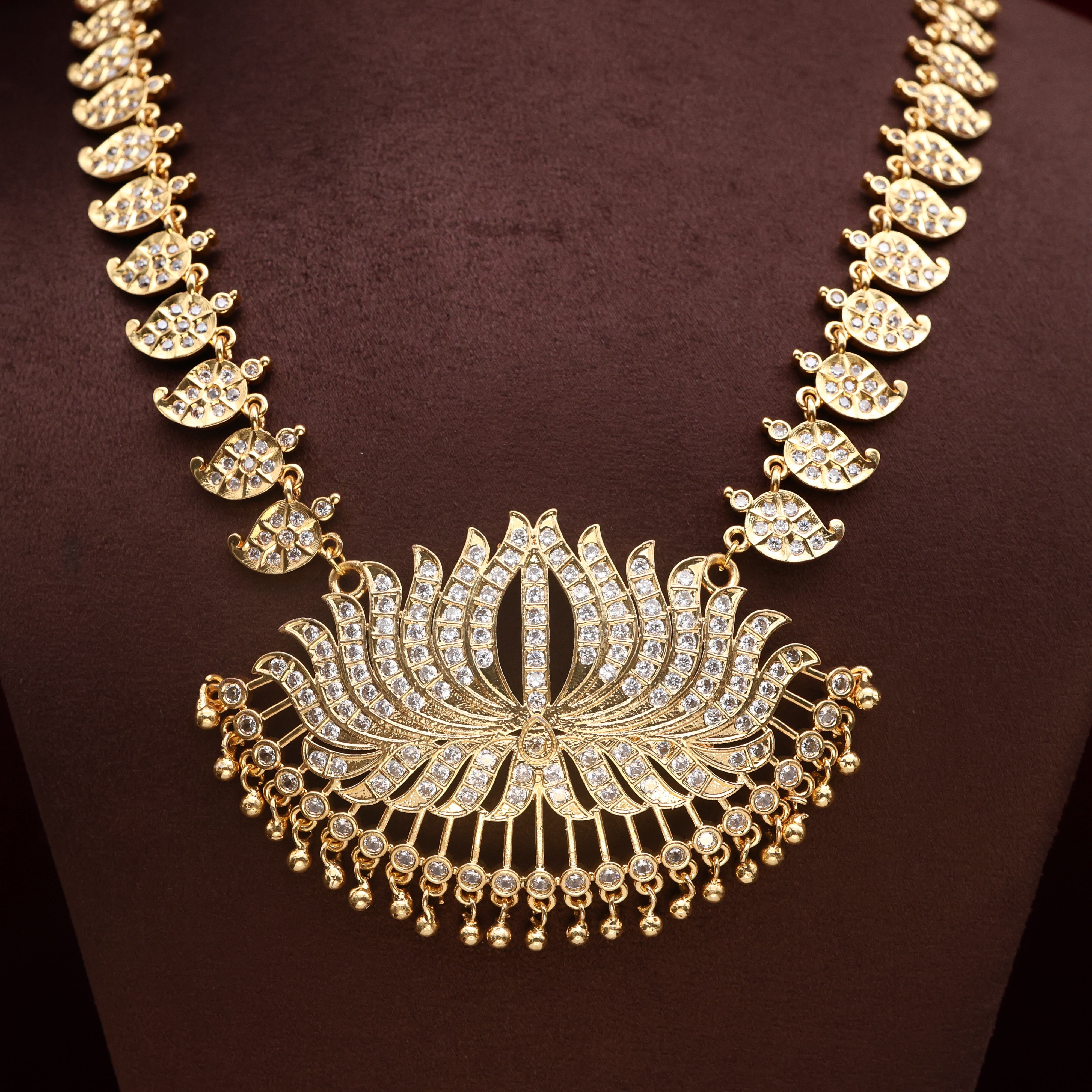 Premium Real Gold Tone Big Lotus Pendant Mango Haaram - Full White Stones