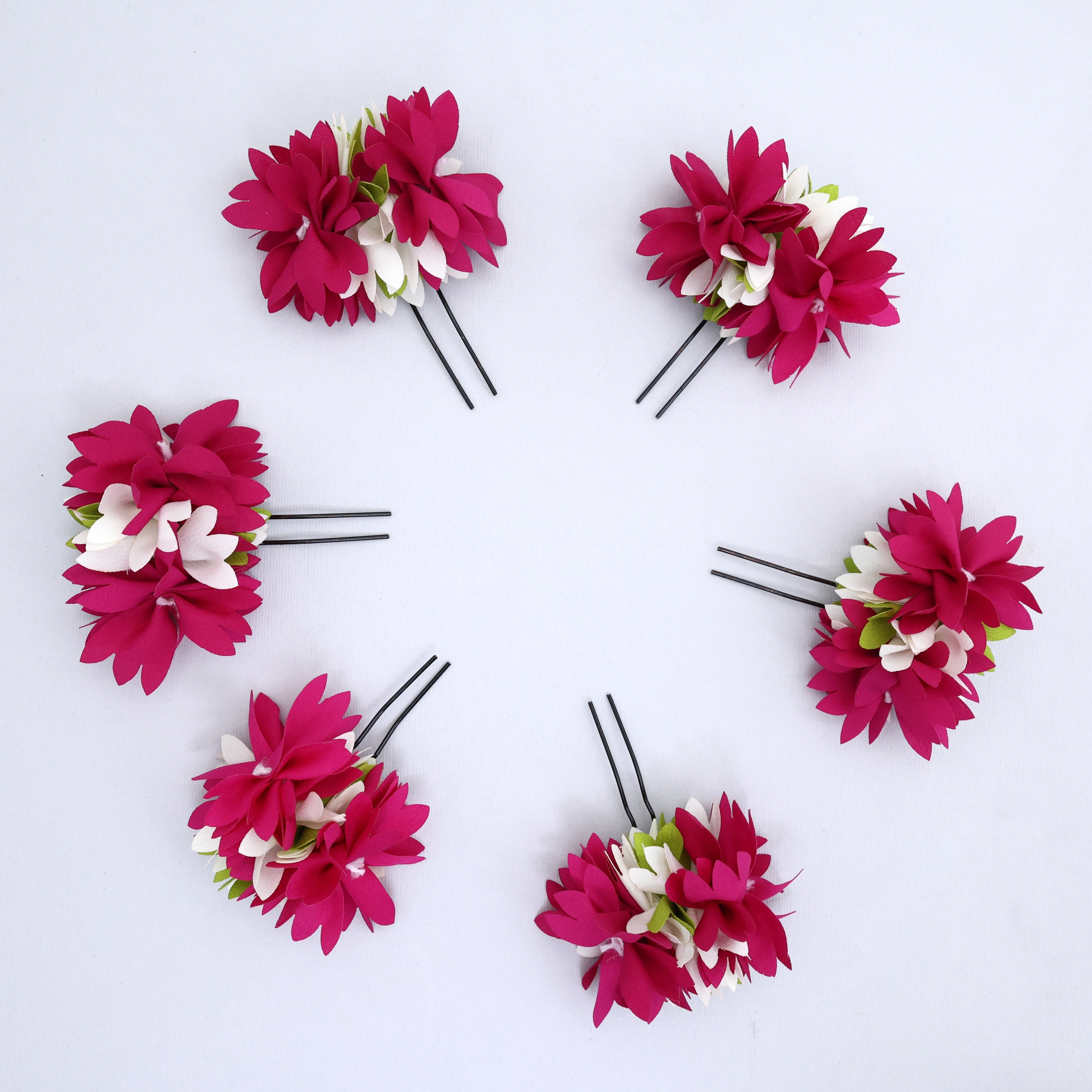 Fabric Pichi Poo Flower U Pin - Rani Pink (Pack of 6)