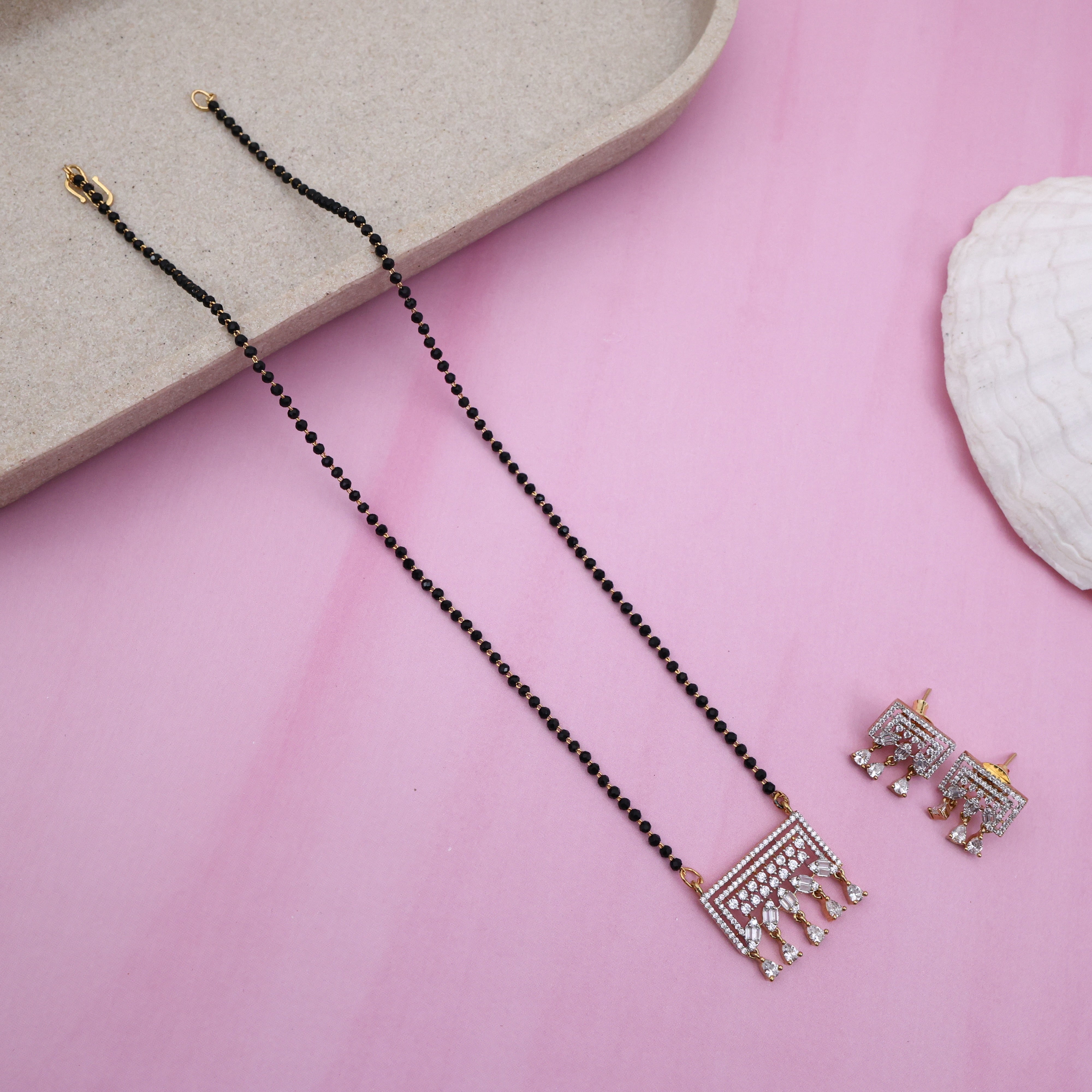 Diamond Look Rectangle Pendant Black Beads Mangalsutra Chain Set